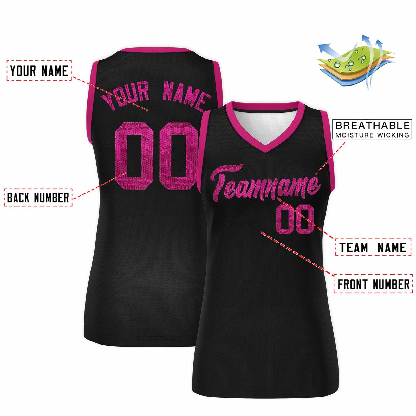 Custom Black Pink Women Basketball Jersey Sequined Dress