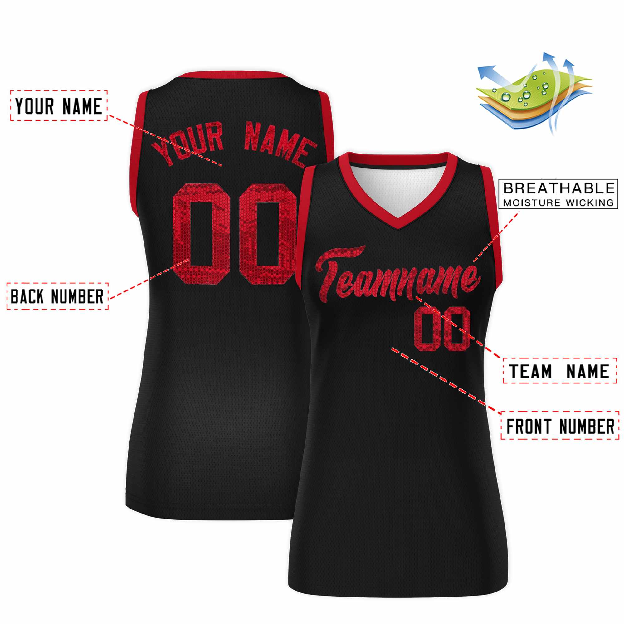 Custom Black Red Women Basketball Jersey Sequined Dress