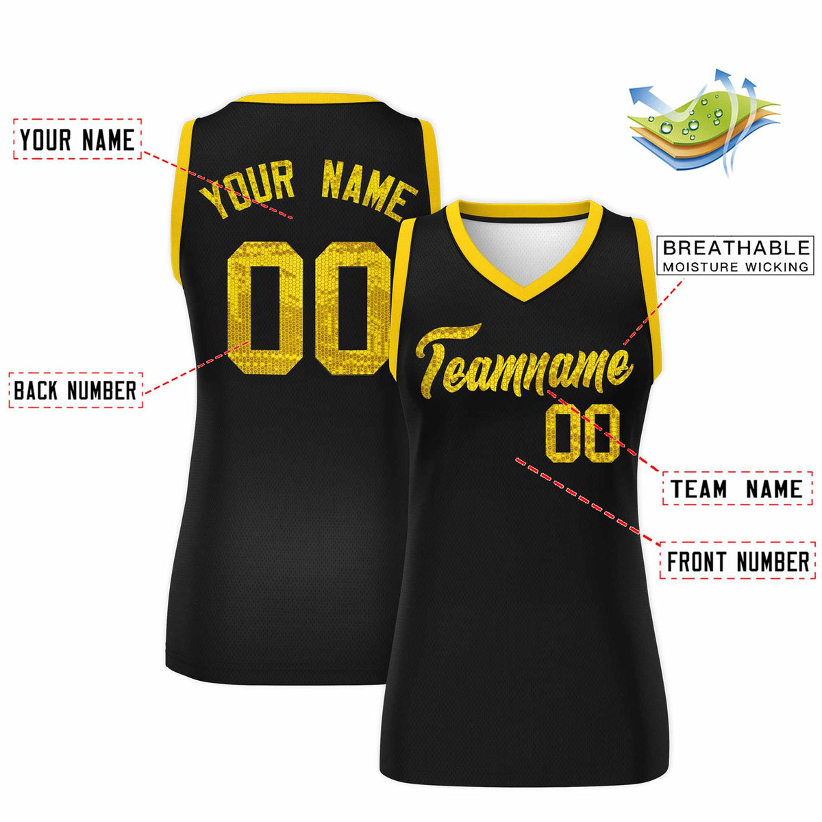 Custom Black Gold Women Basketball Jersey Sequined Dress