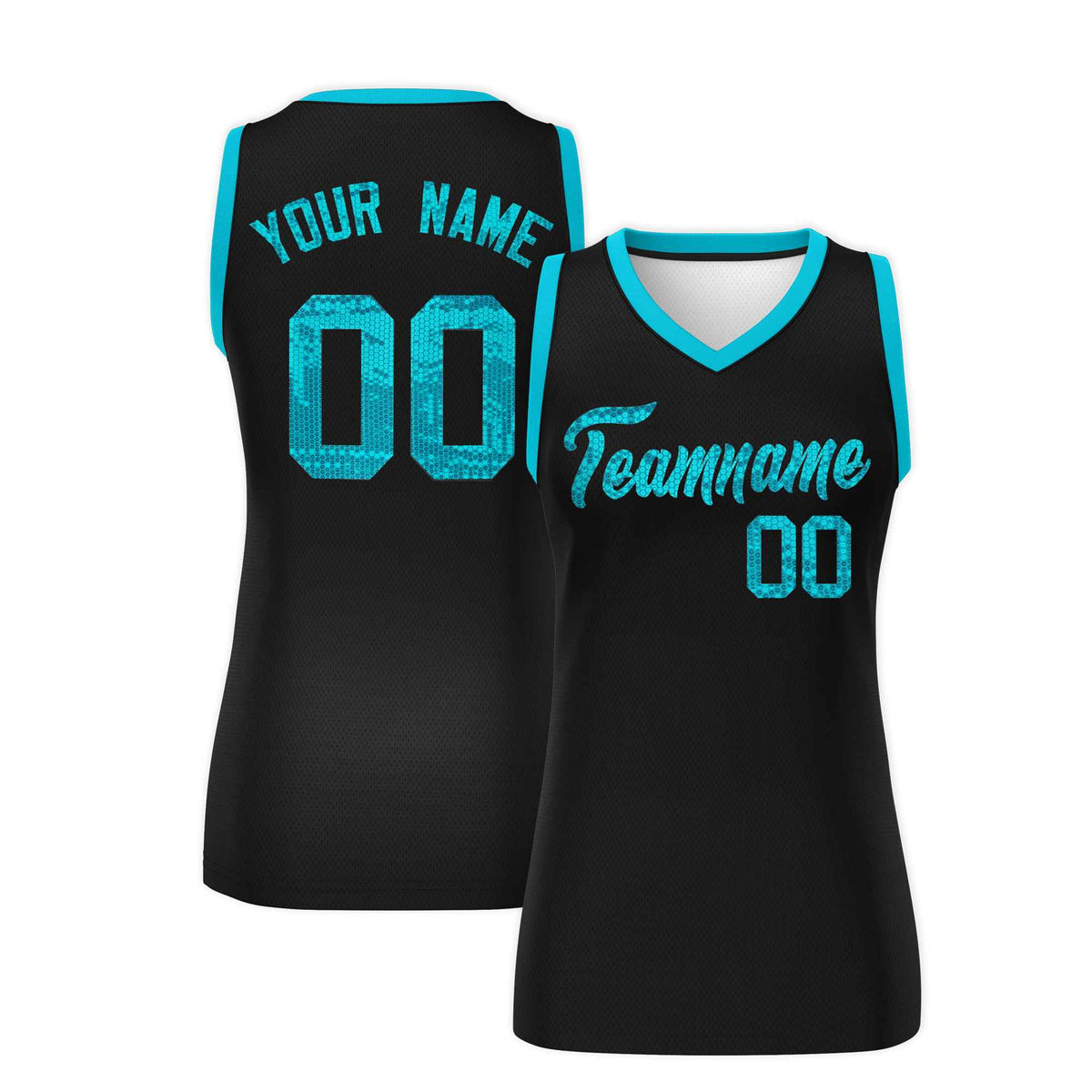 Custom Black Sky Blue Women Basketball Jersey Sequined Dress
