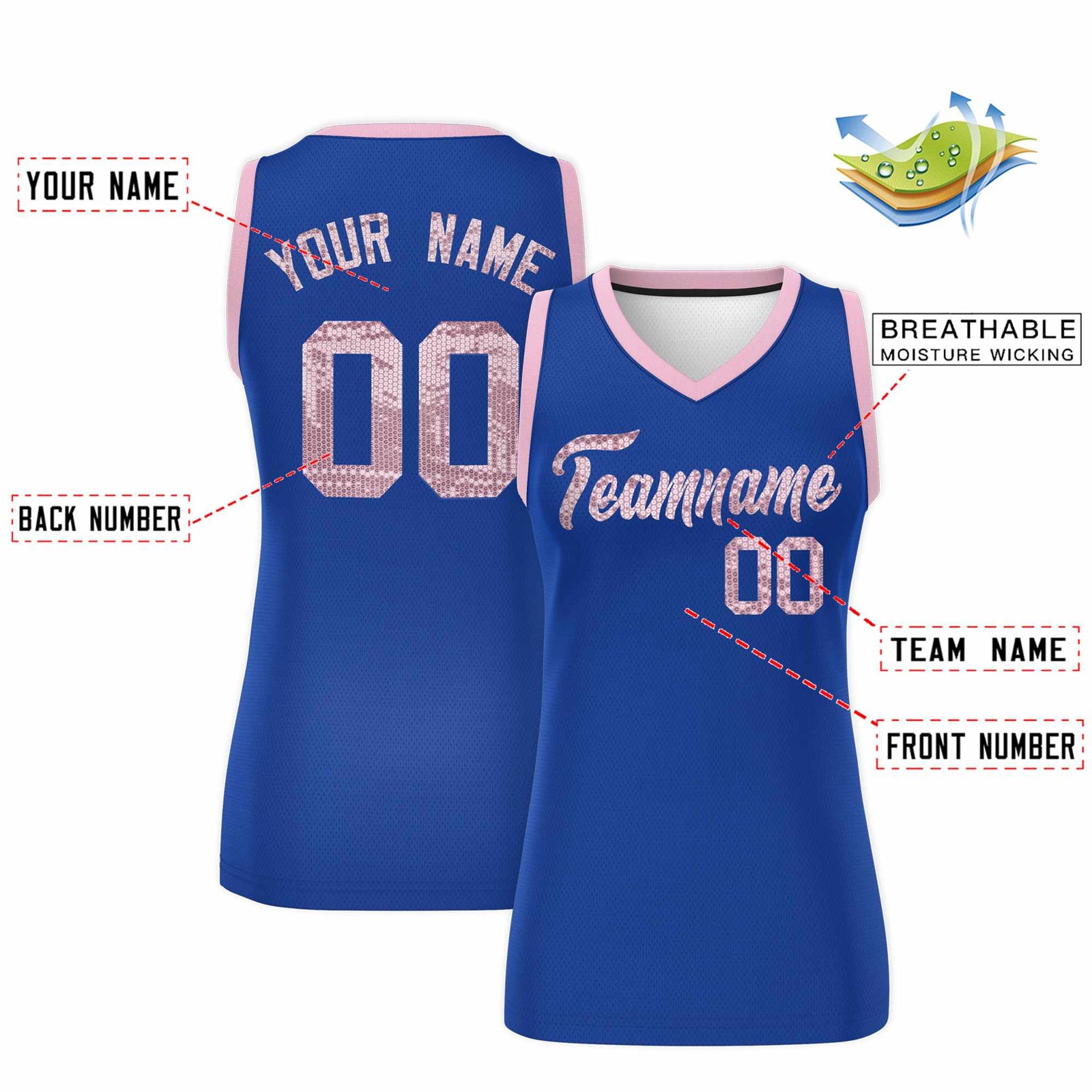 Custom Royal Light Pink Women Basketball Jersey Sequined Dress