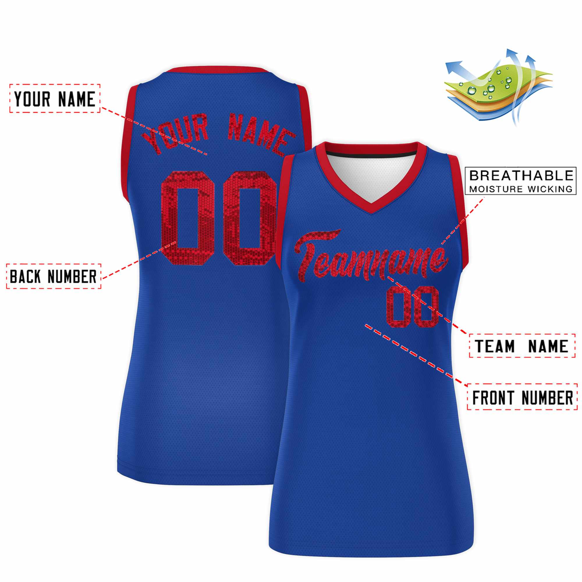 Custom Royal Red Women Basketball Jersey Sequined Dress