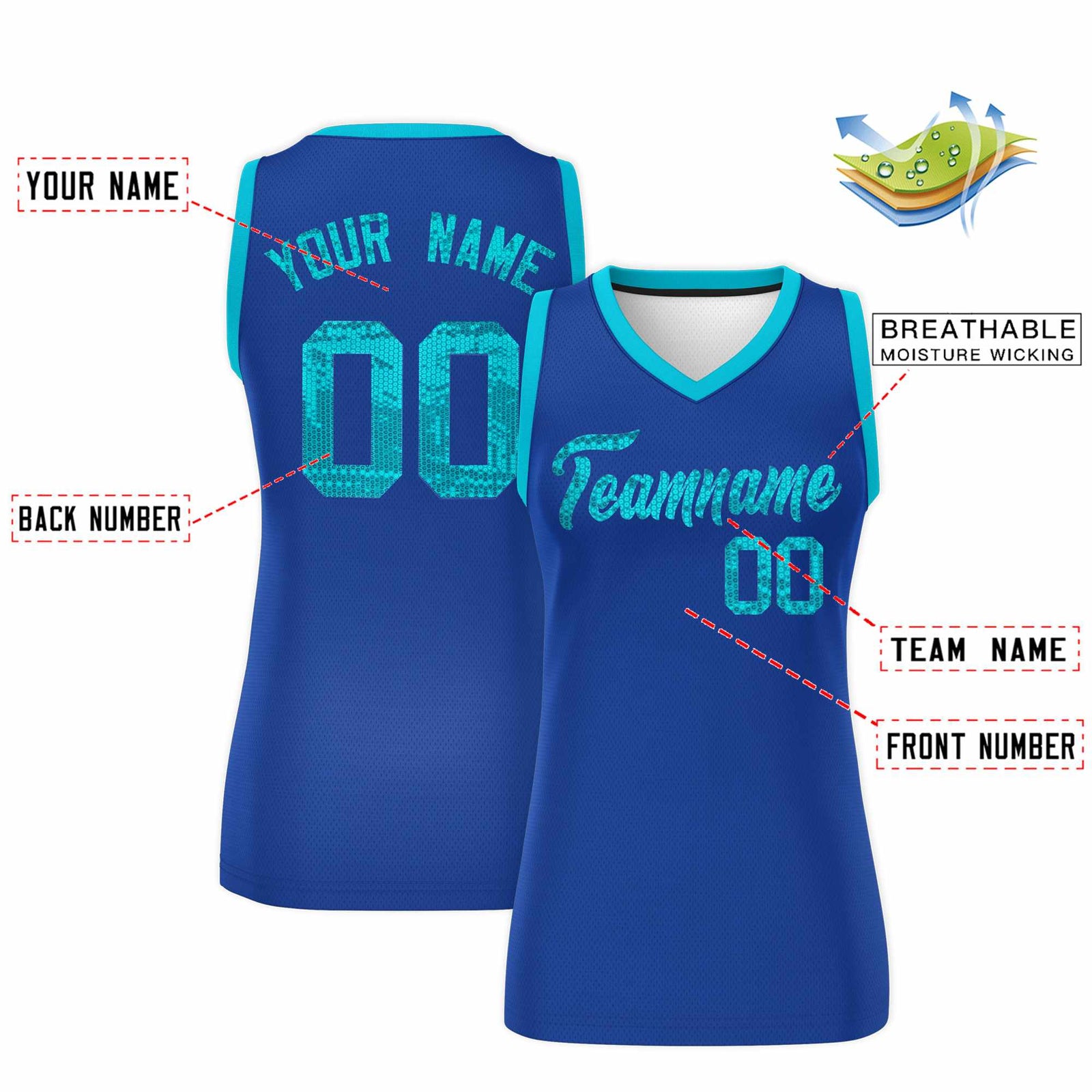 Custom Royal Sky Blue Women Basketball Jersey Sequined Dress