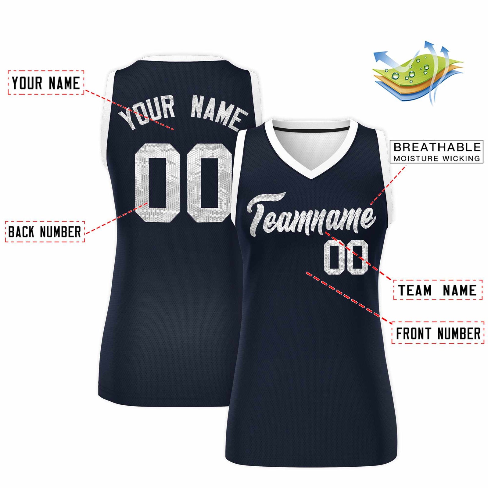 Custom Navy White Women Basketball Jersey Sequined Dress