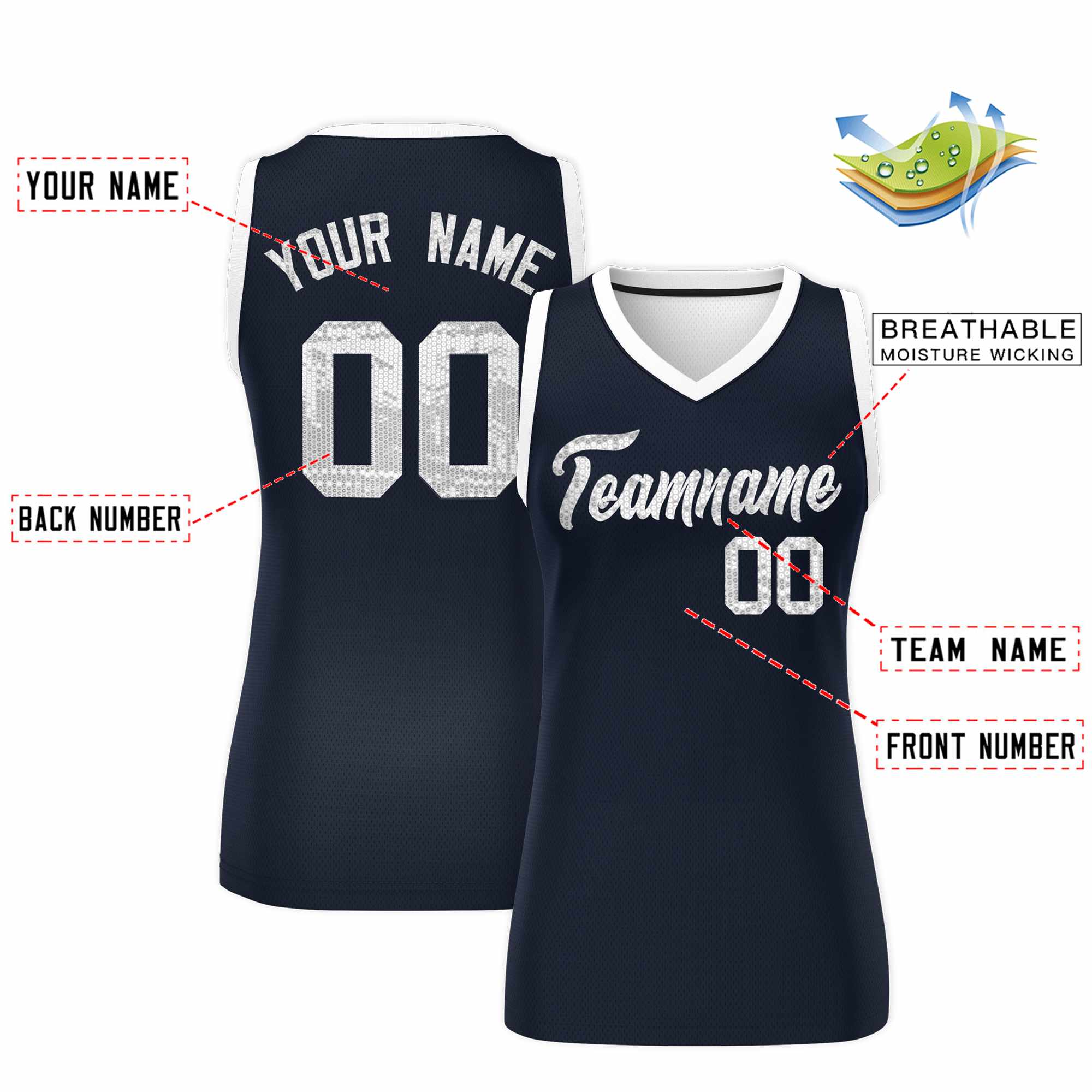 Custom Navy White Women Basketball Jersey Sequined Dress
