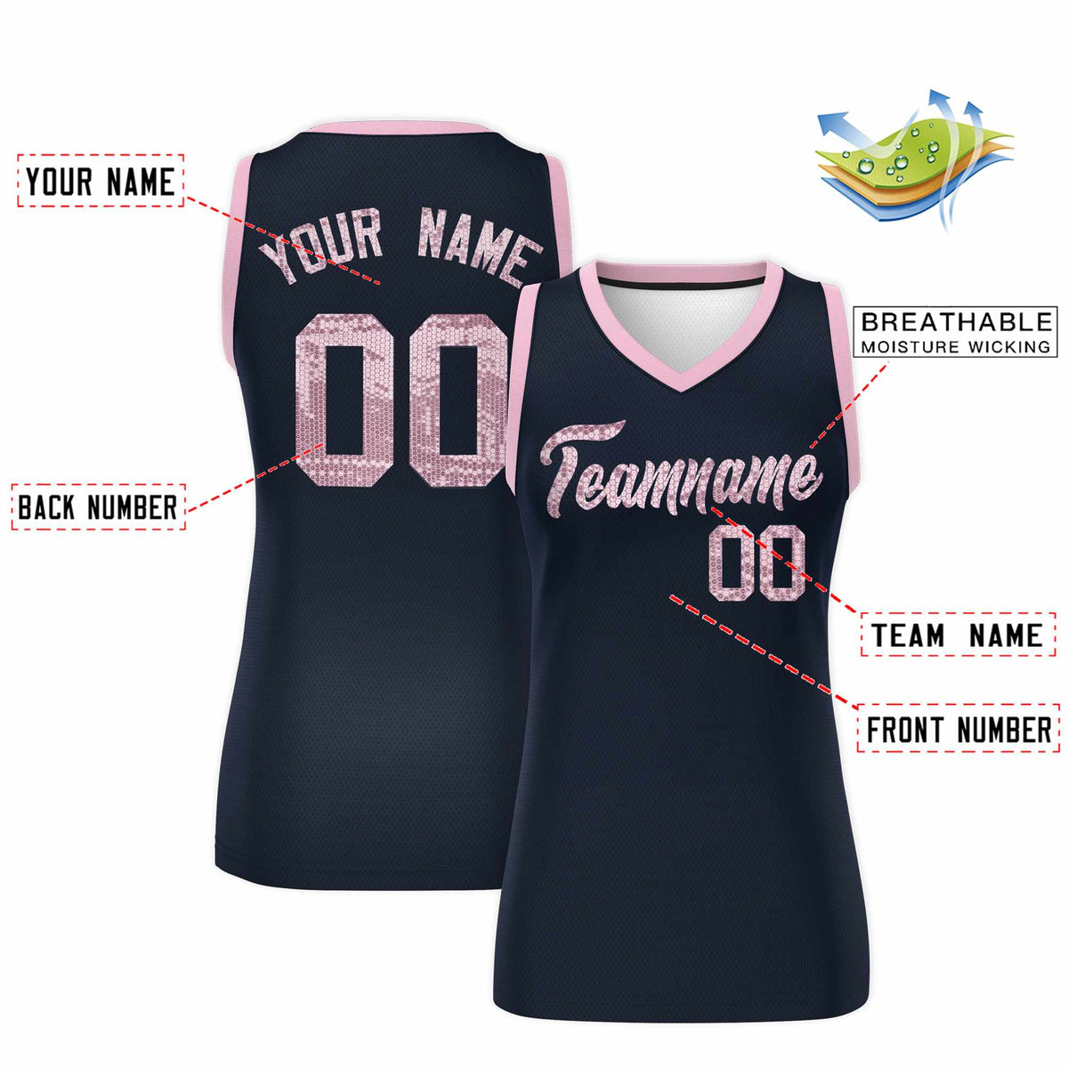 Custom Navy Light Pink Women Basketball Jersey Sequined Dress