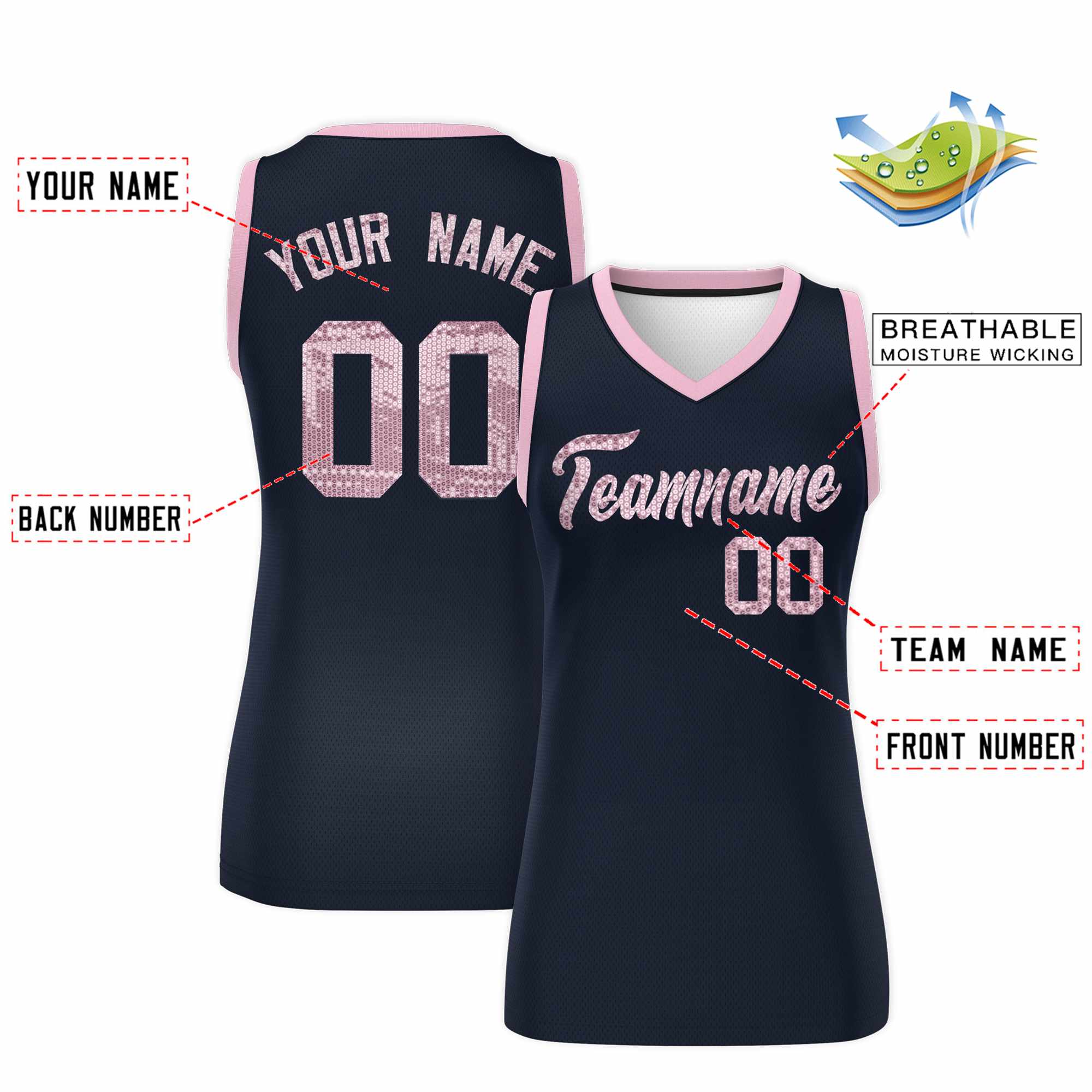 Custom Navy Light Pink Women Basketball Jersey Sequined Dress