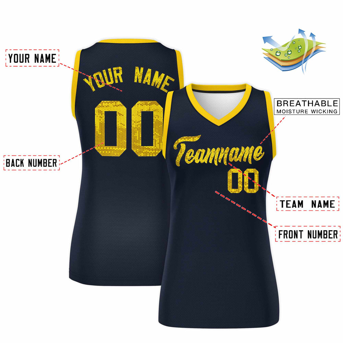 Custom Navy Gold Women Basketball Jersey Sequined Dress