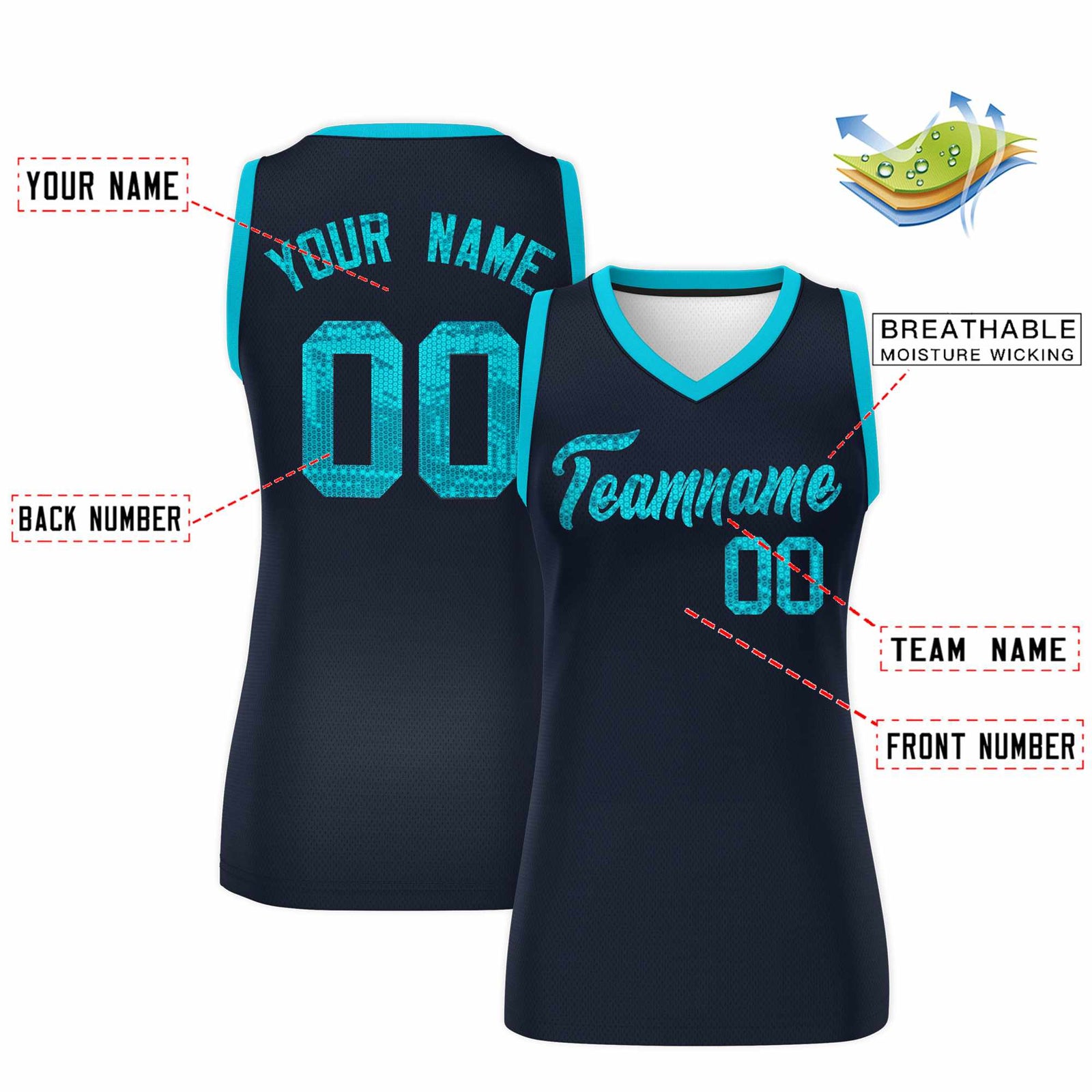 Custom Navy Sky Blue Women Basketball Jersey Sequined Dress