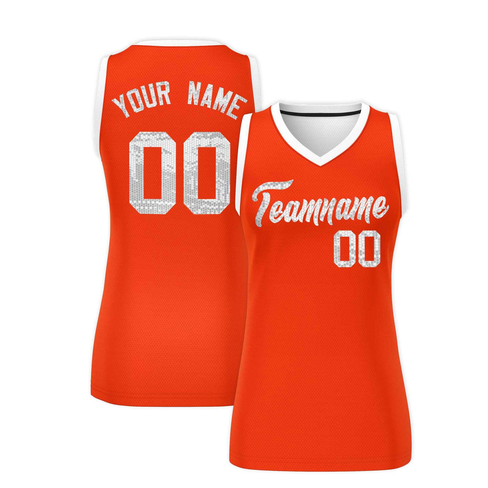 Custom Orange White Women Basketball Jersey Sequined Dress
