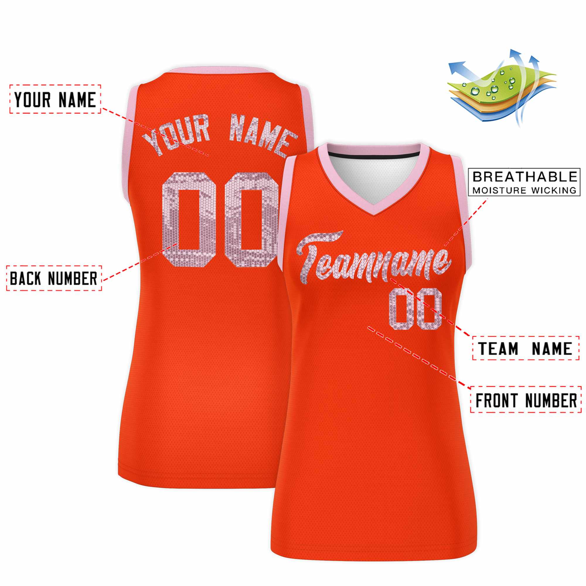 Custom Orange Light Pink Women Basketball Jersey Sequined Dress