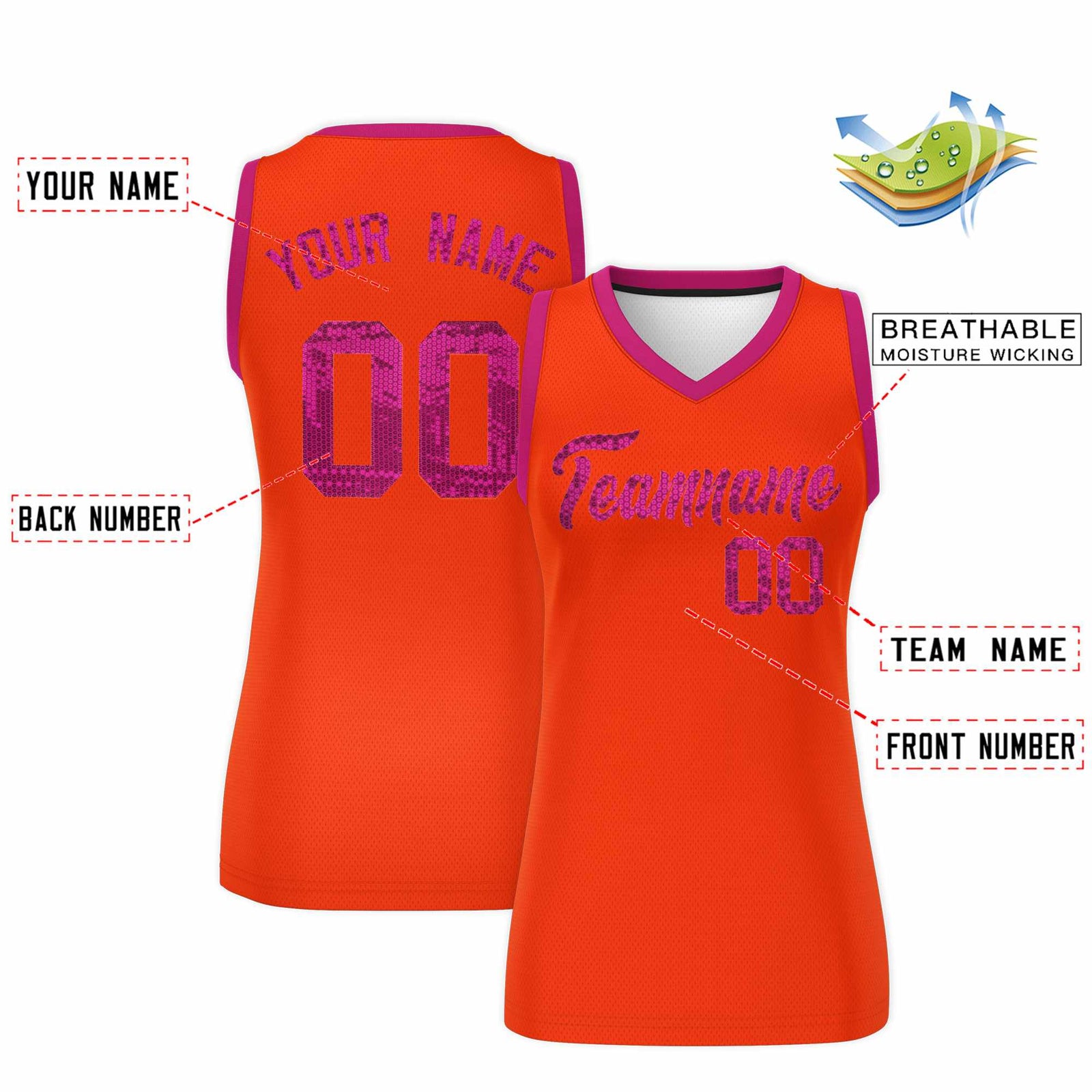 Custom Orange Pink Women Basketball Jersey Sequined Dress