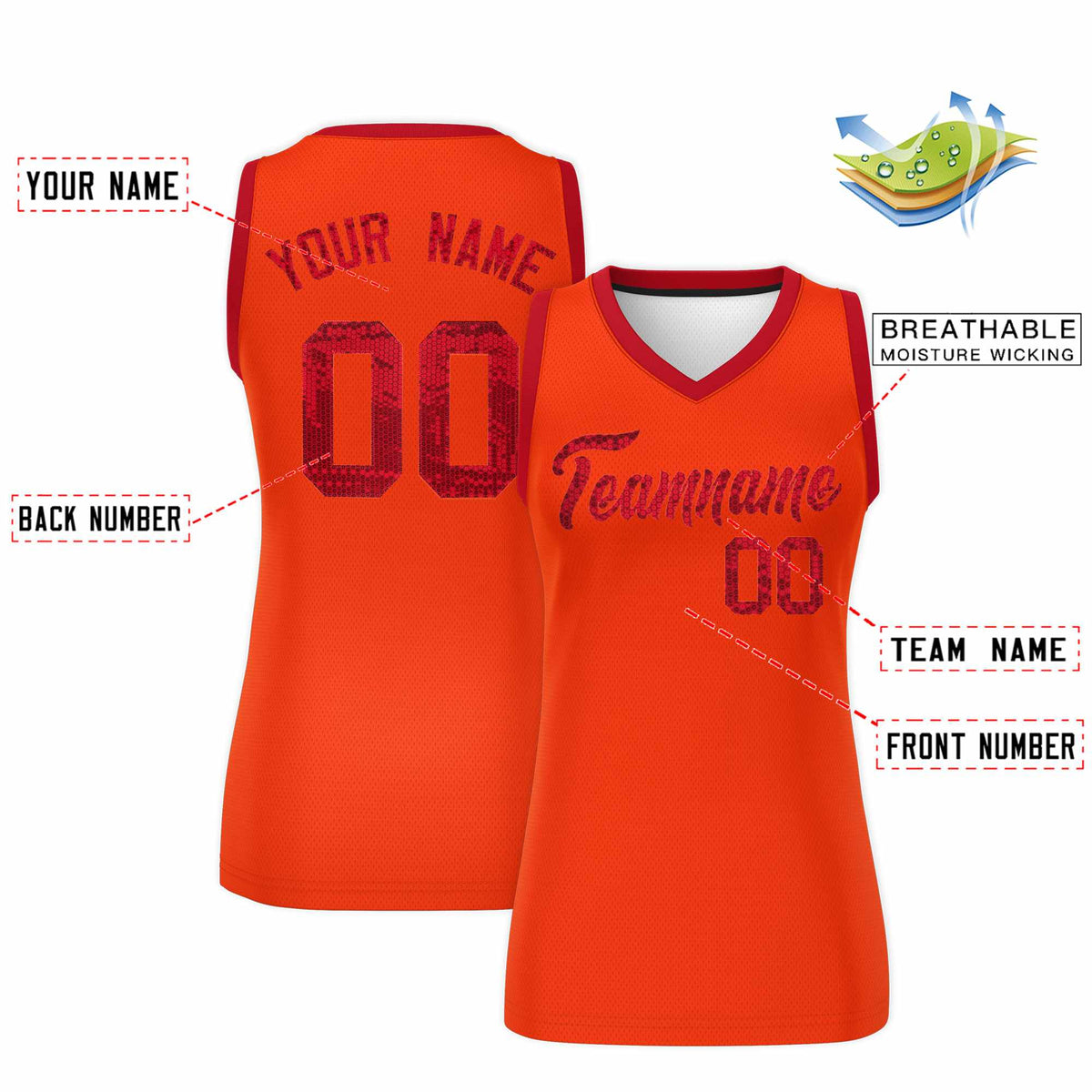 Custom Orange Red Women Basketball Jersey Sequined Dress
