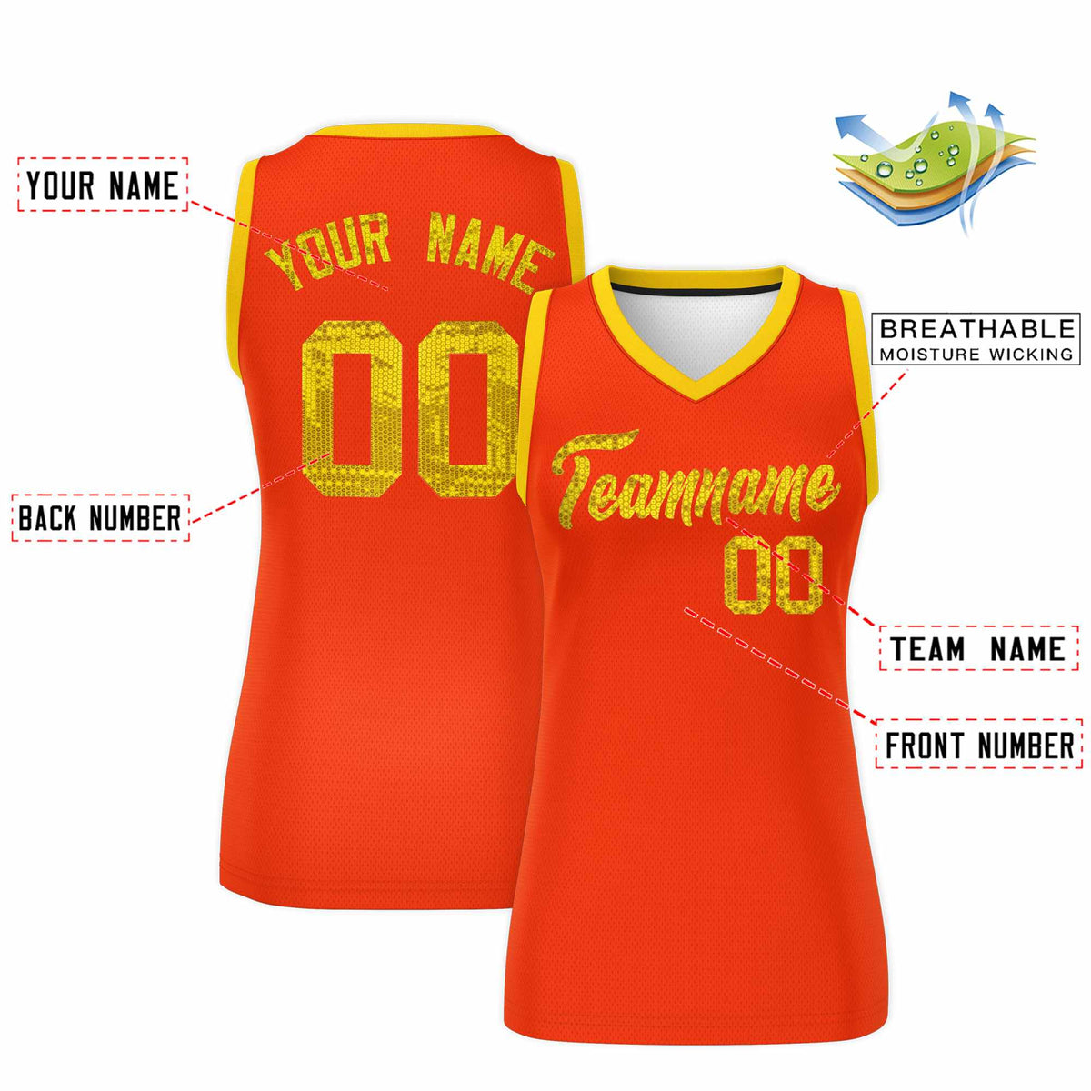 Custom Orange Gold Women Basketball Jersey Sequined Dress