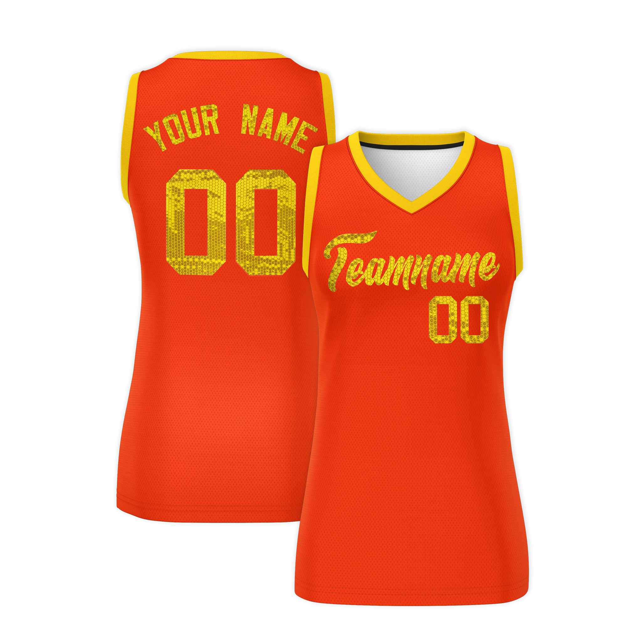 Custom Orange Gold Women Basketball Jersey Sequined Dress