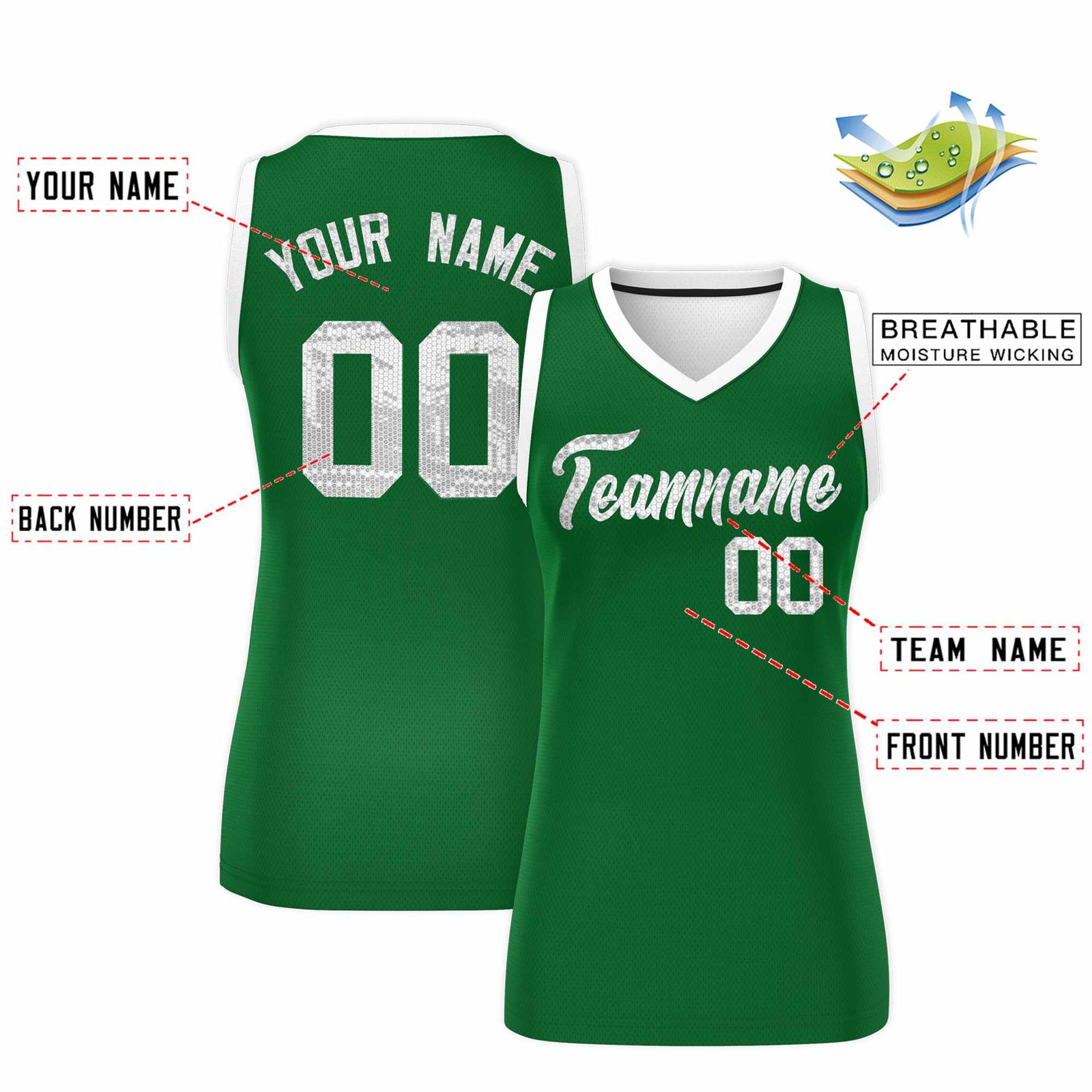 Custom Kelly Green White Women Basketball Jersey Sequined Dress