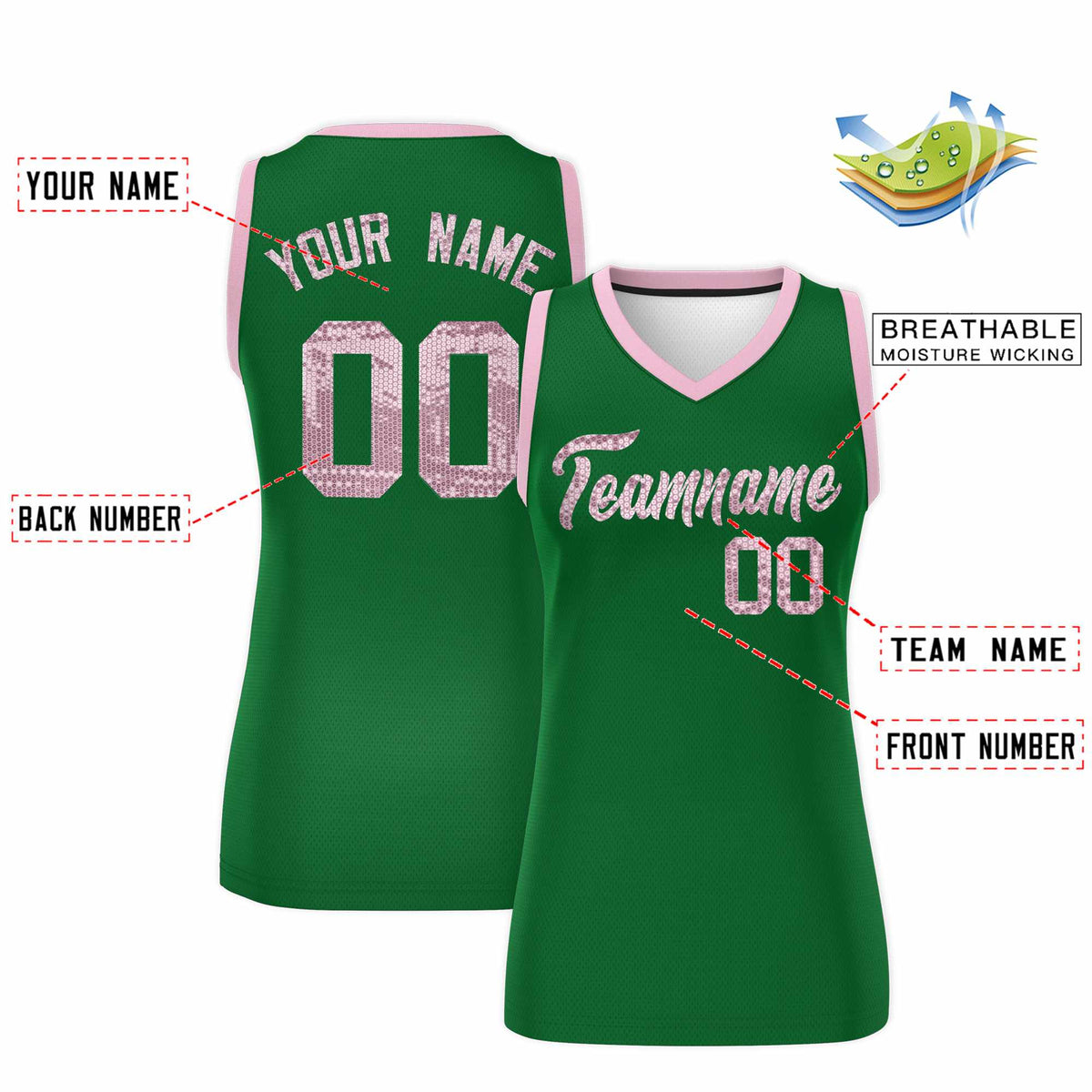 Custom Kelly Green Light Pink Women Basketball Jersey Sequined Dress