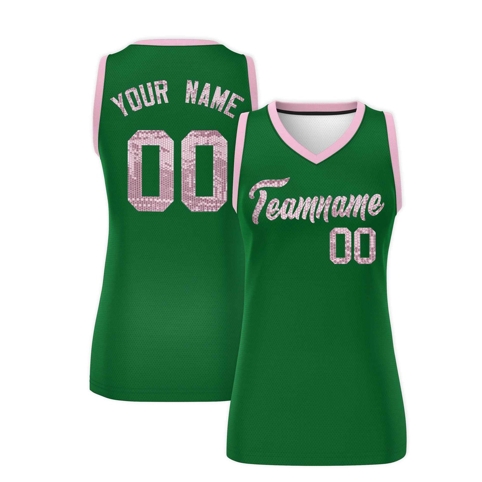 Custom Kelly Green Light Pink Women Basketball Jersey Sequined Dress