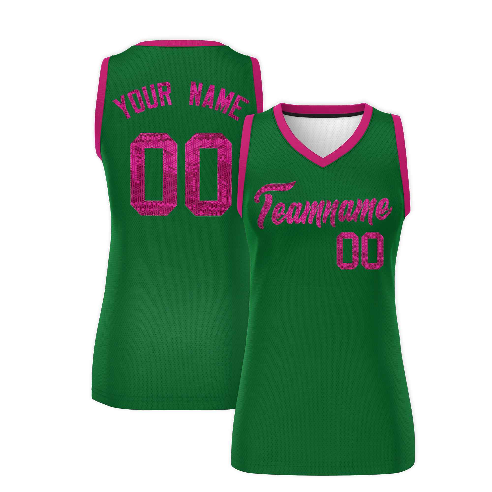 Custom Kelly Green Pink Women Basketball Jersey Sequined Dress