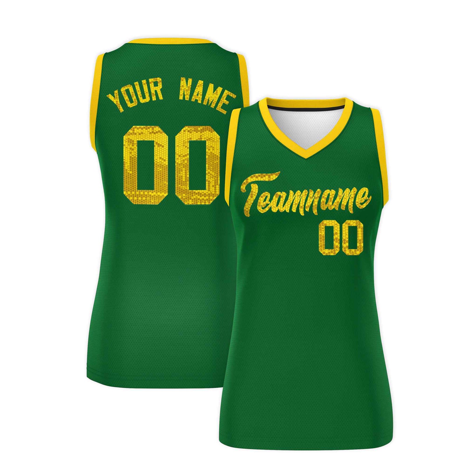 Custom Kelly Green Gold Women Basketball Jersey Sequined Dress