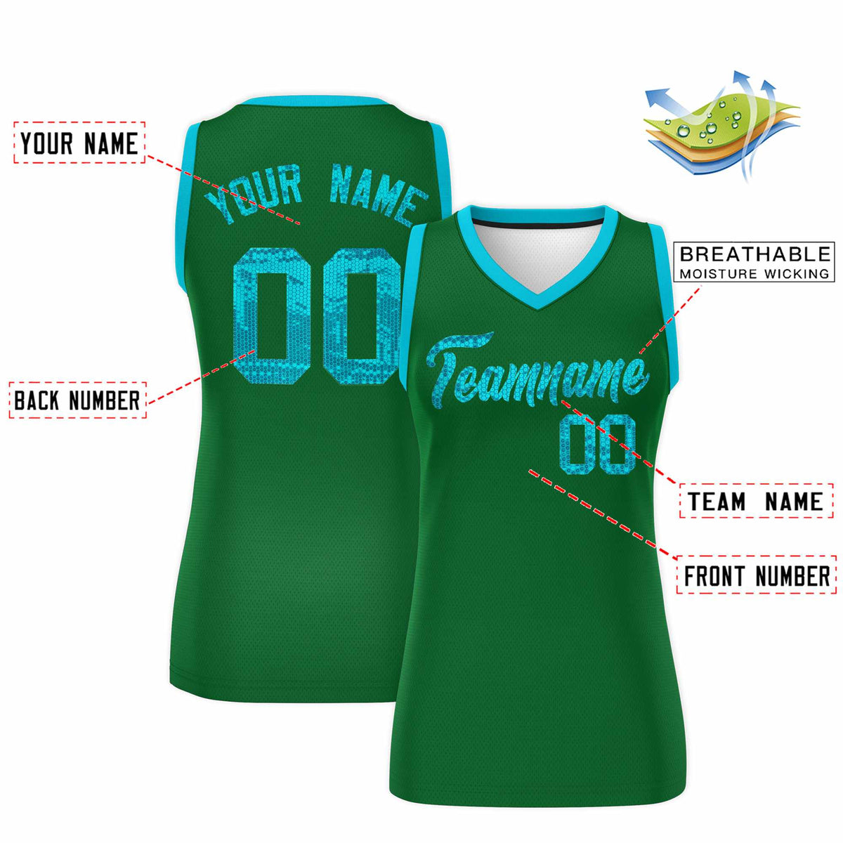 Custom Kelly Green Sky Blue Women Basketball Jersey Sequined Dress