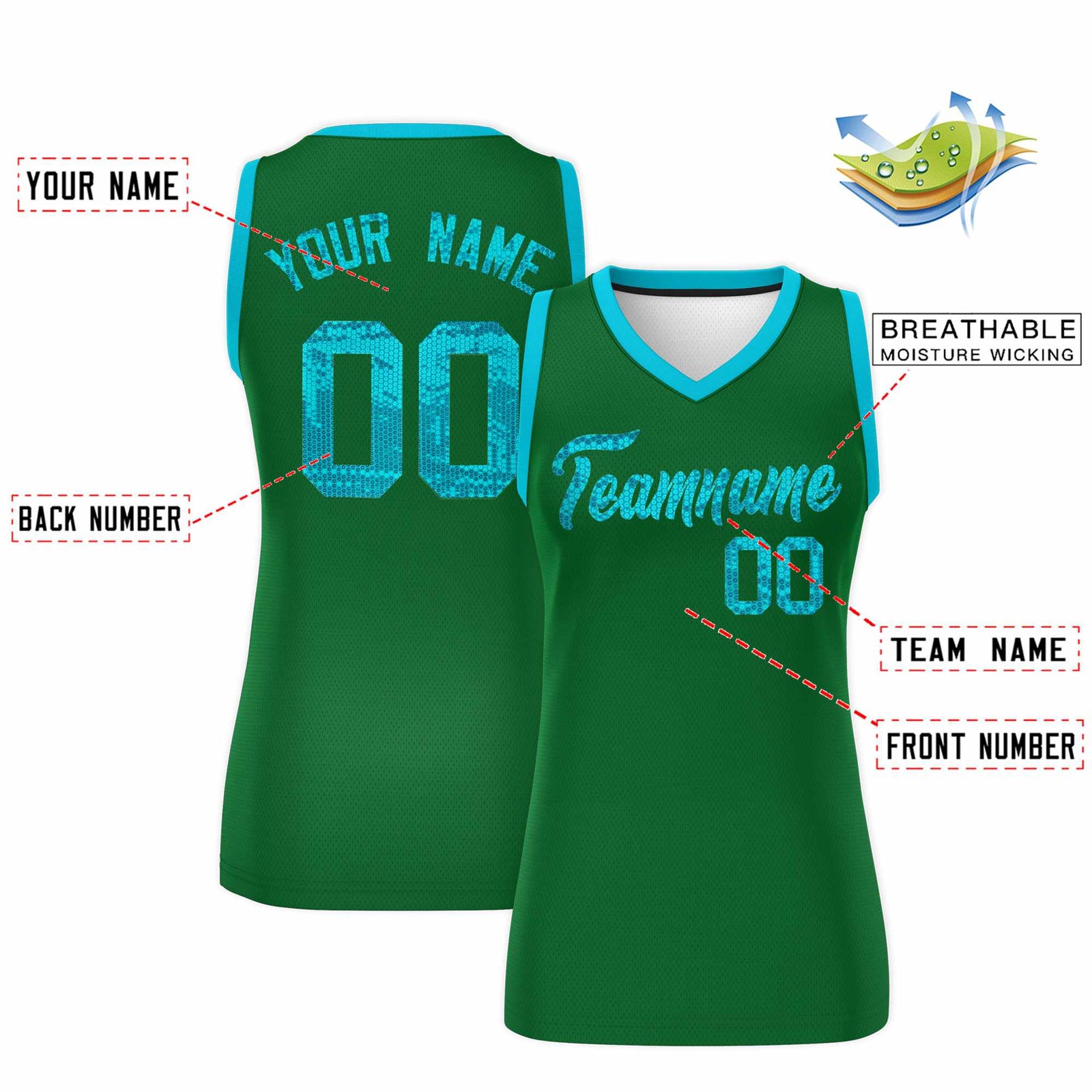 Custom Kelly Green Sky Blue Women Basketball Jersey Sequined Dress