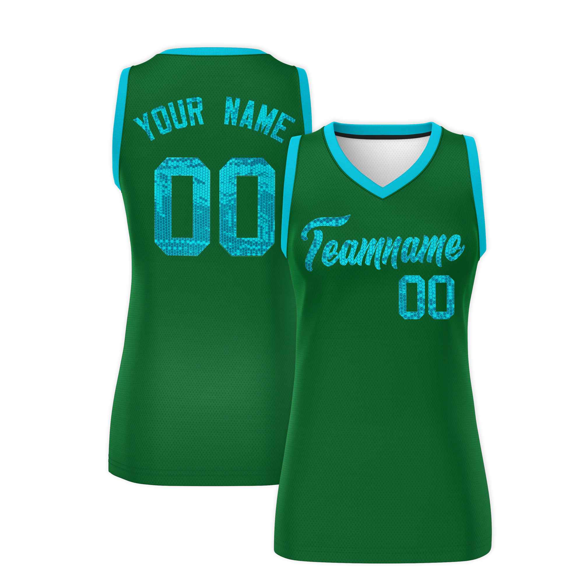 Custom Kelly Green Sky Blue Women Basketball Jersey Sequined Dress