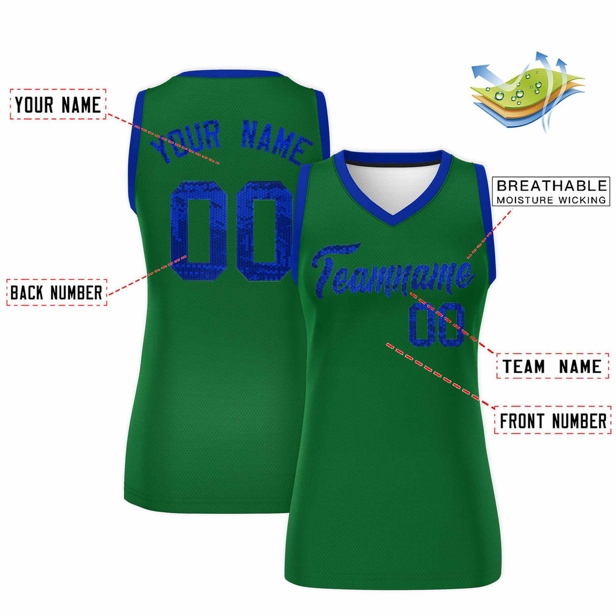 Custom Kelly Green Royal Women Basketball Jersey Sequined Dress