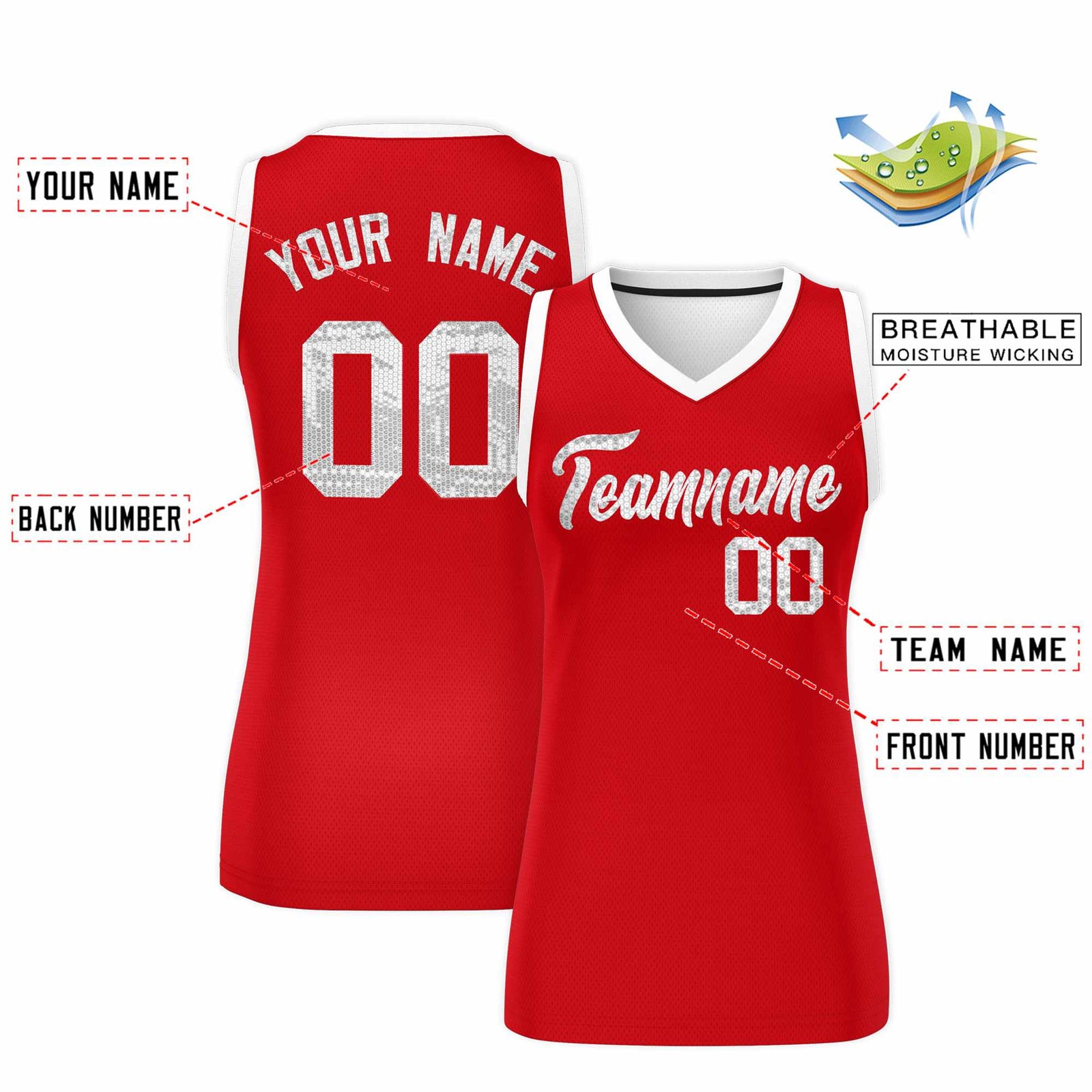 Custom Red White Women Basketball Jersey Sequined Dress
