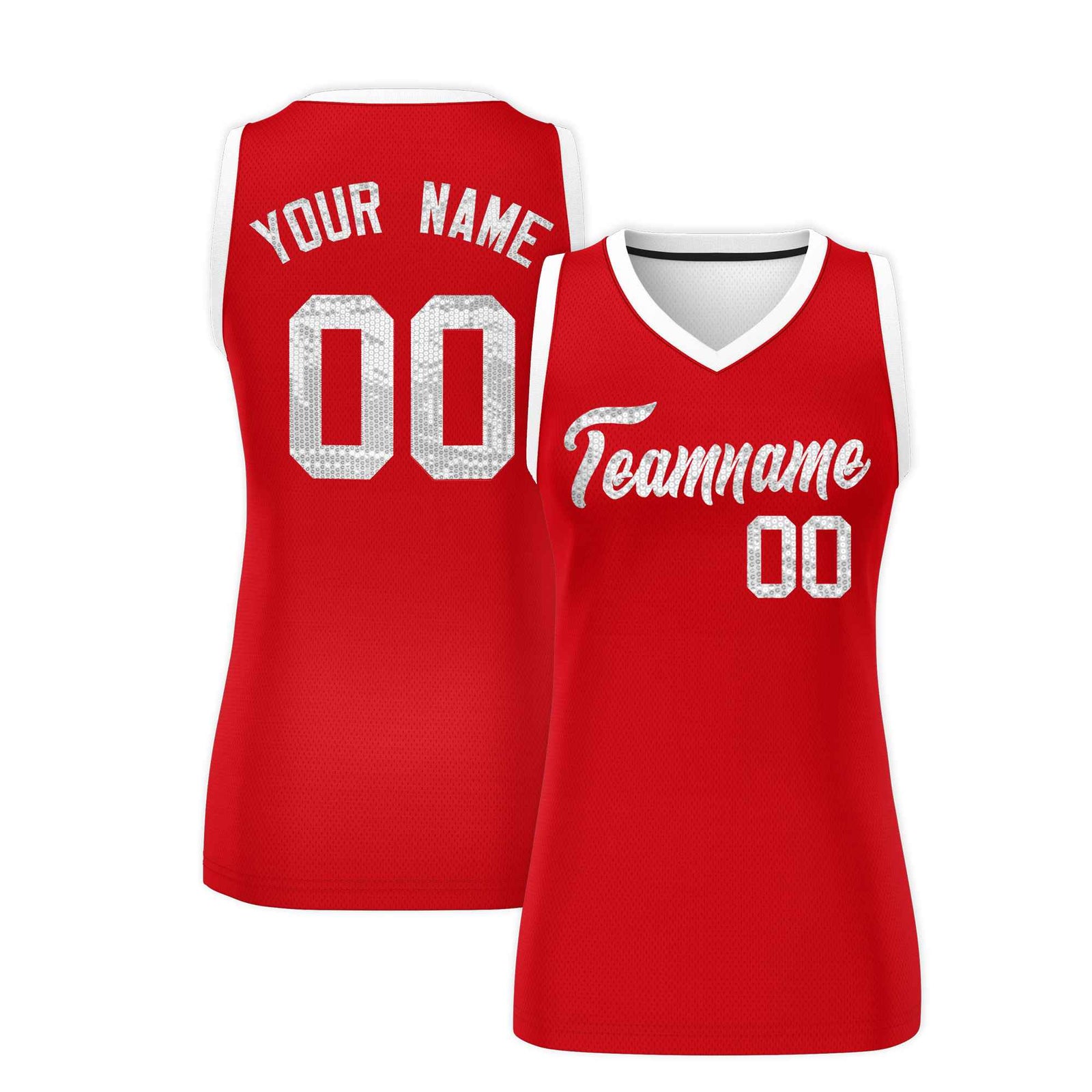 Custom Red White Women Basketball Jersey Sequined Dress