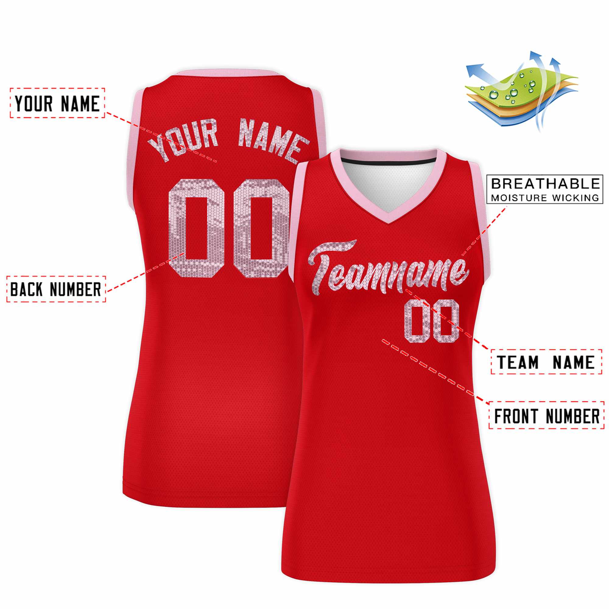 Custom Red Light Pink Women Basketball Jersey Sequined Dress