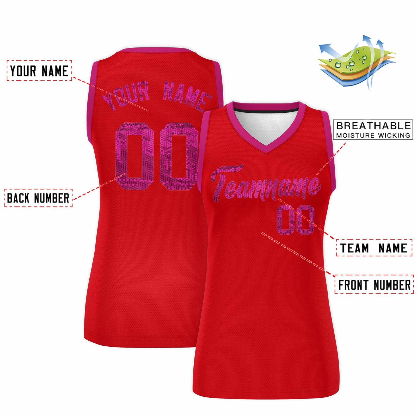 Custom Red Pink Women Basketball Jersey Sequined Dress