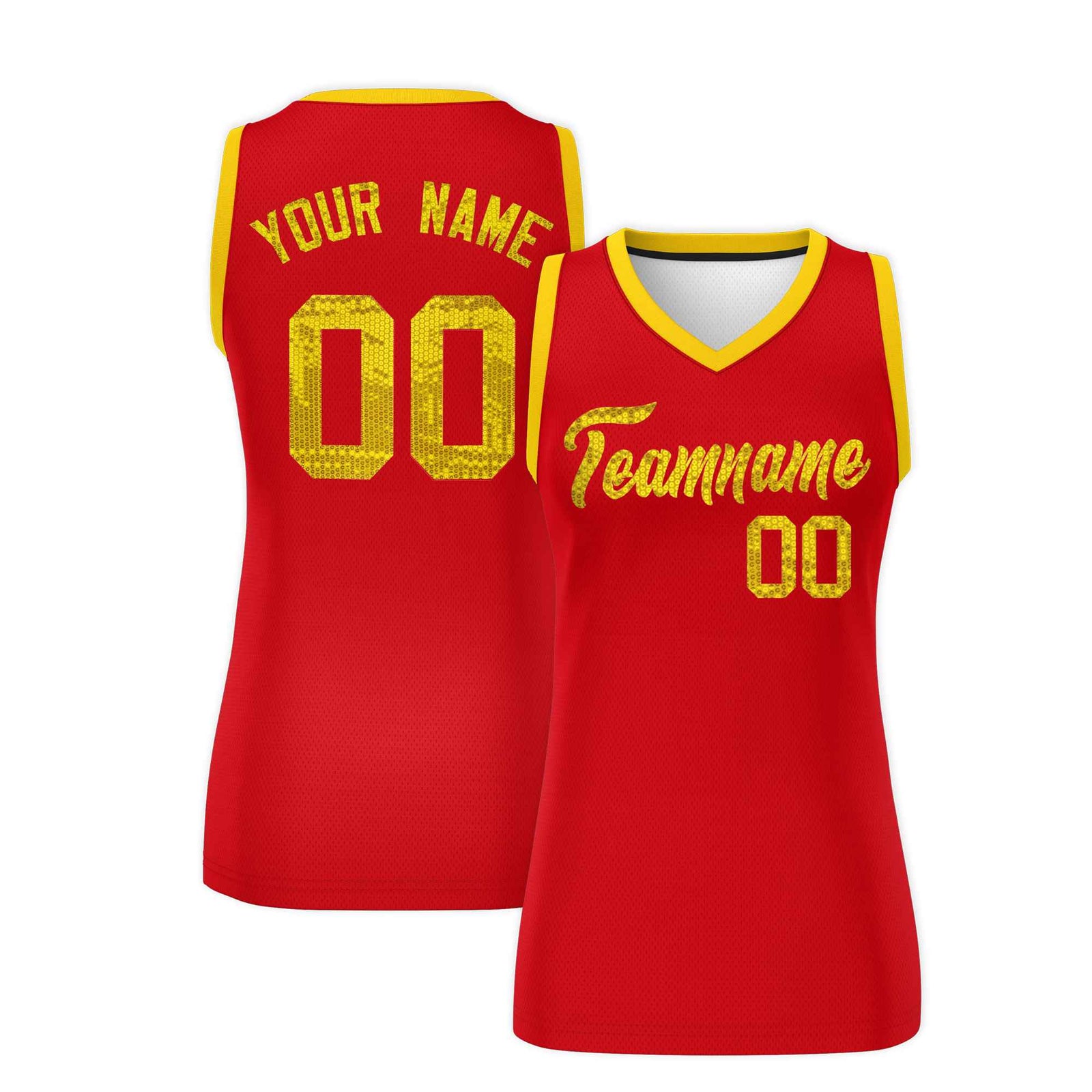 Custom Red Gold Women Basketball Jersey Sequined Dress