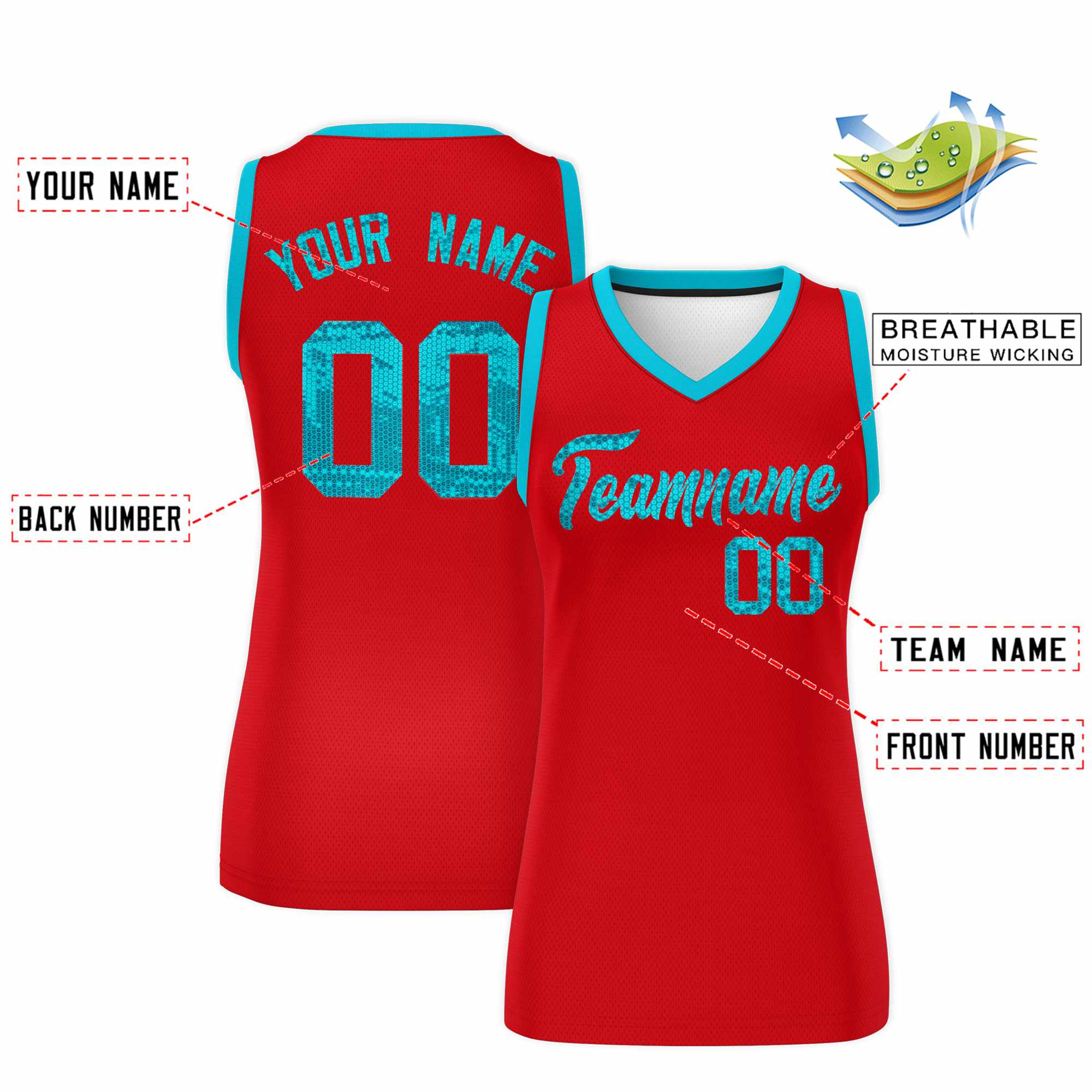 Custom Red Sky Blue Women Basketball Jersey Sequined Dress