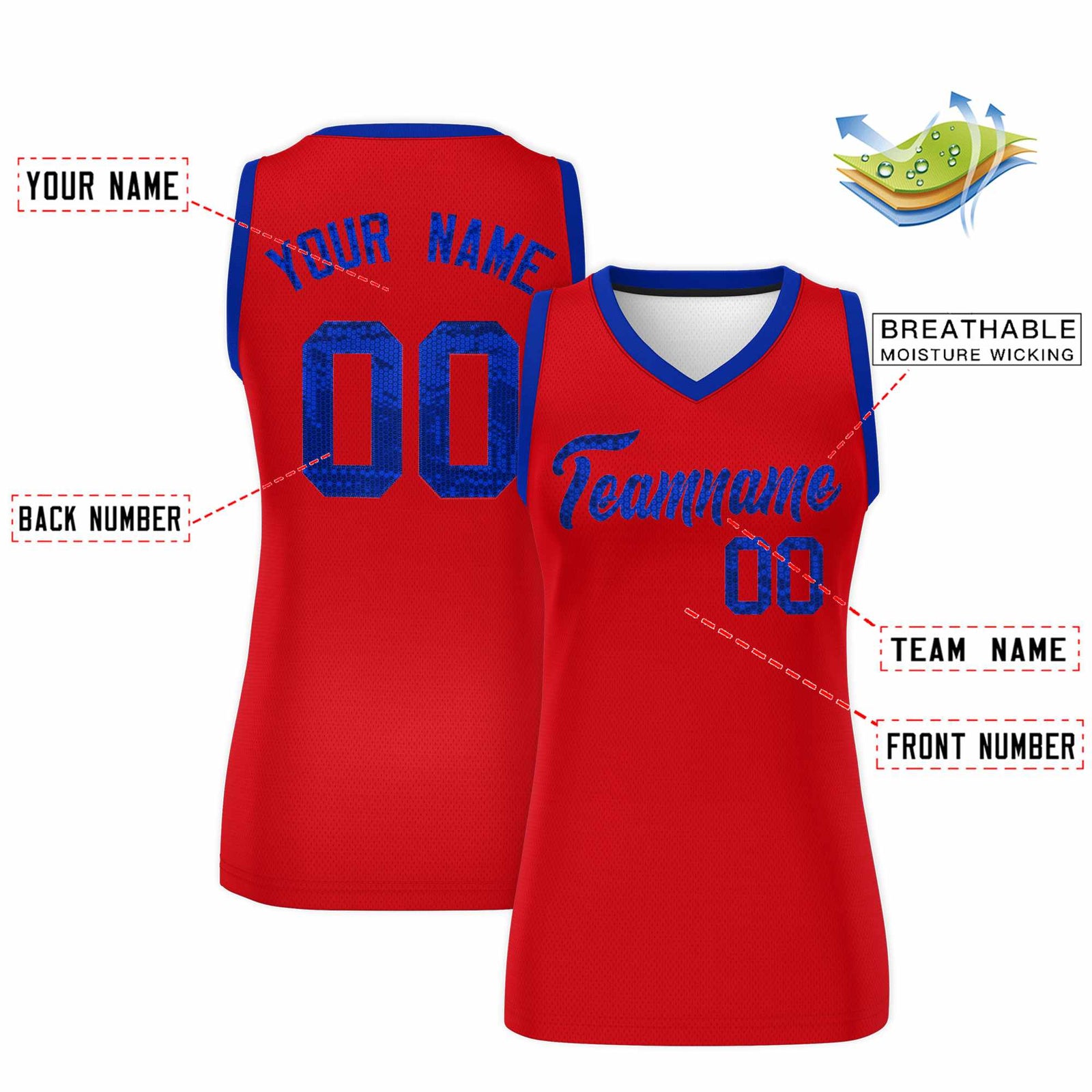 Custom Red Royal Women Basketball Jersey Sequined Dress