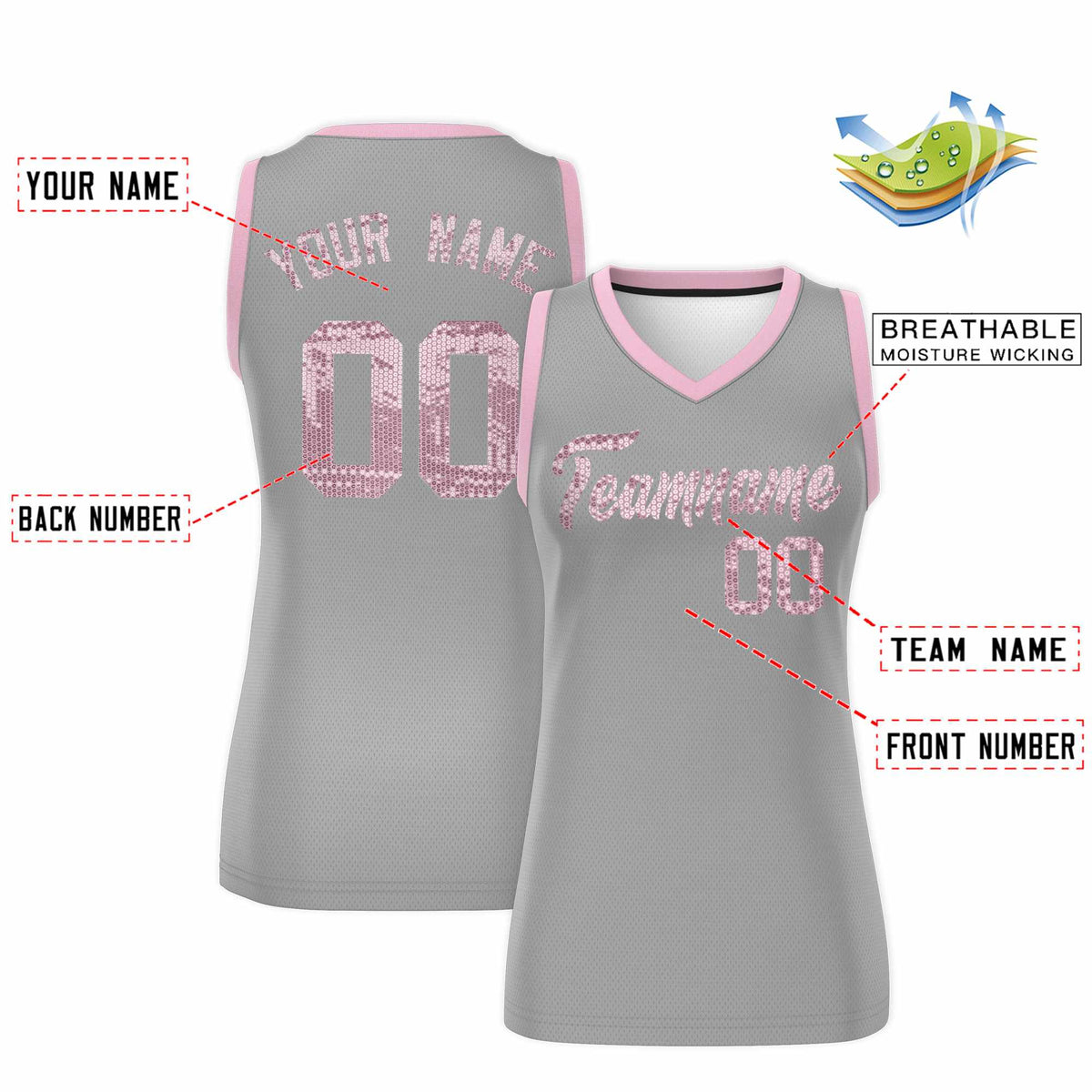 Custom Silver Light Pink Women Basketball Jersey Sequined Dress