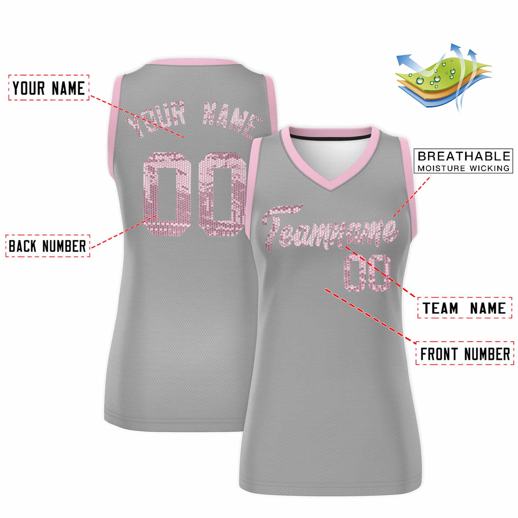 Custom Silver Light Pink Women Basketball Jersey Sequined Dress