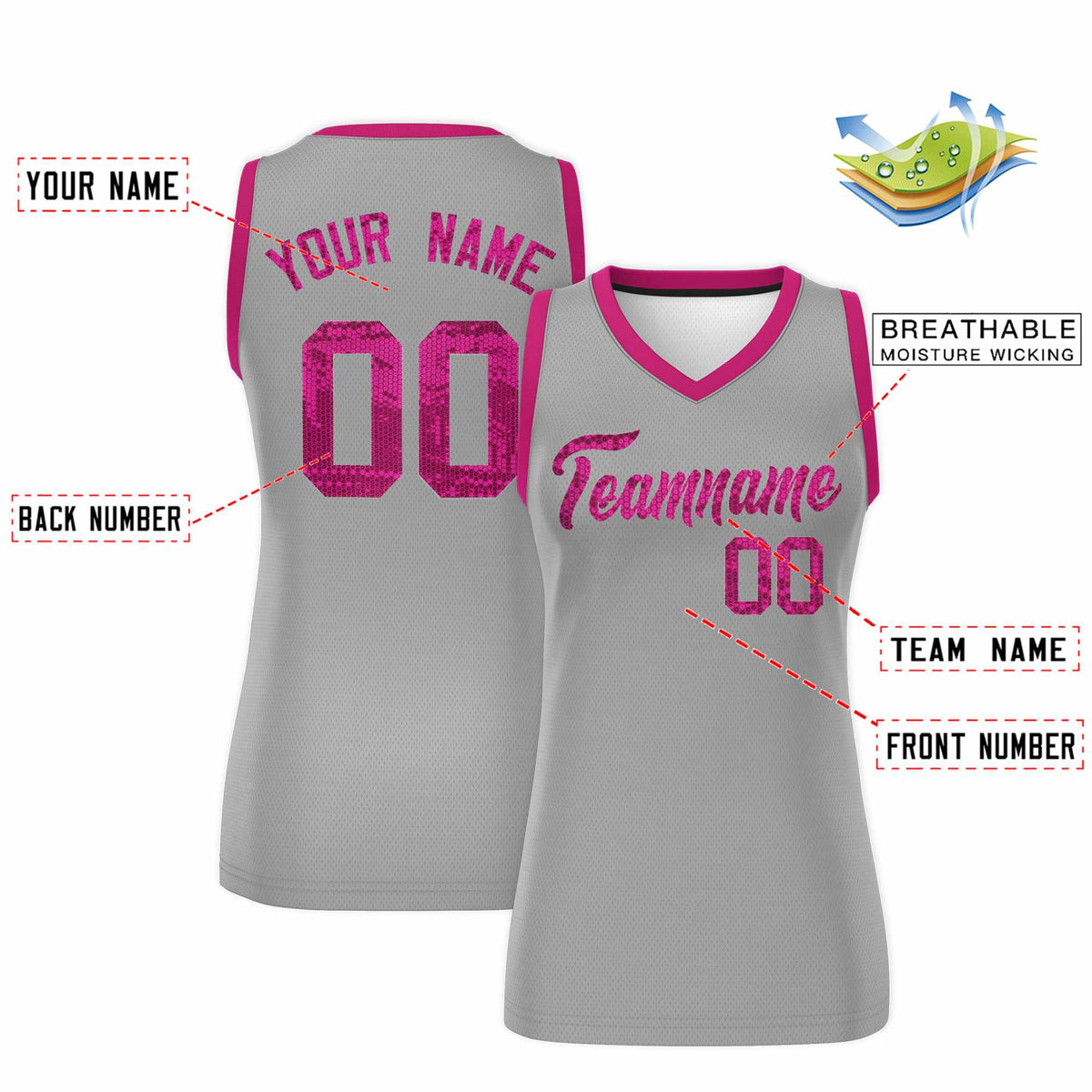 Custom Silver Pink Women Basketball Jersey Sequined Dress