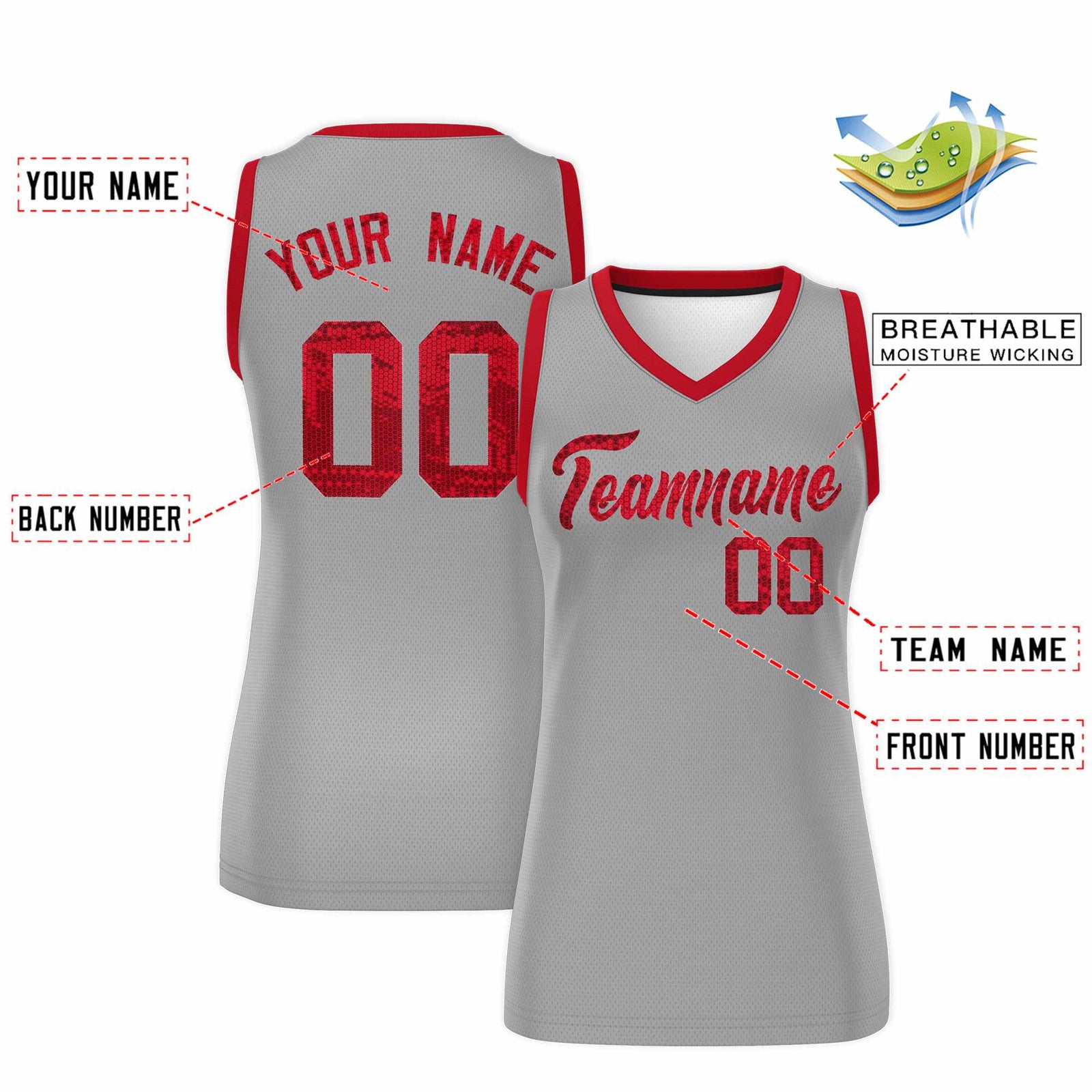Custom Silver Red Women Basketball Jersey Sequined Dress
