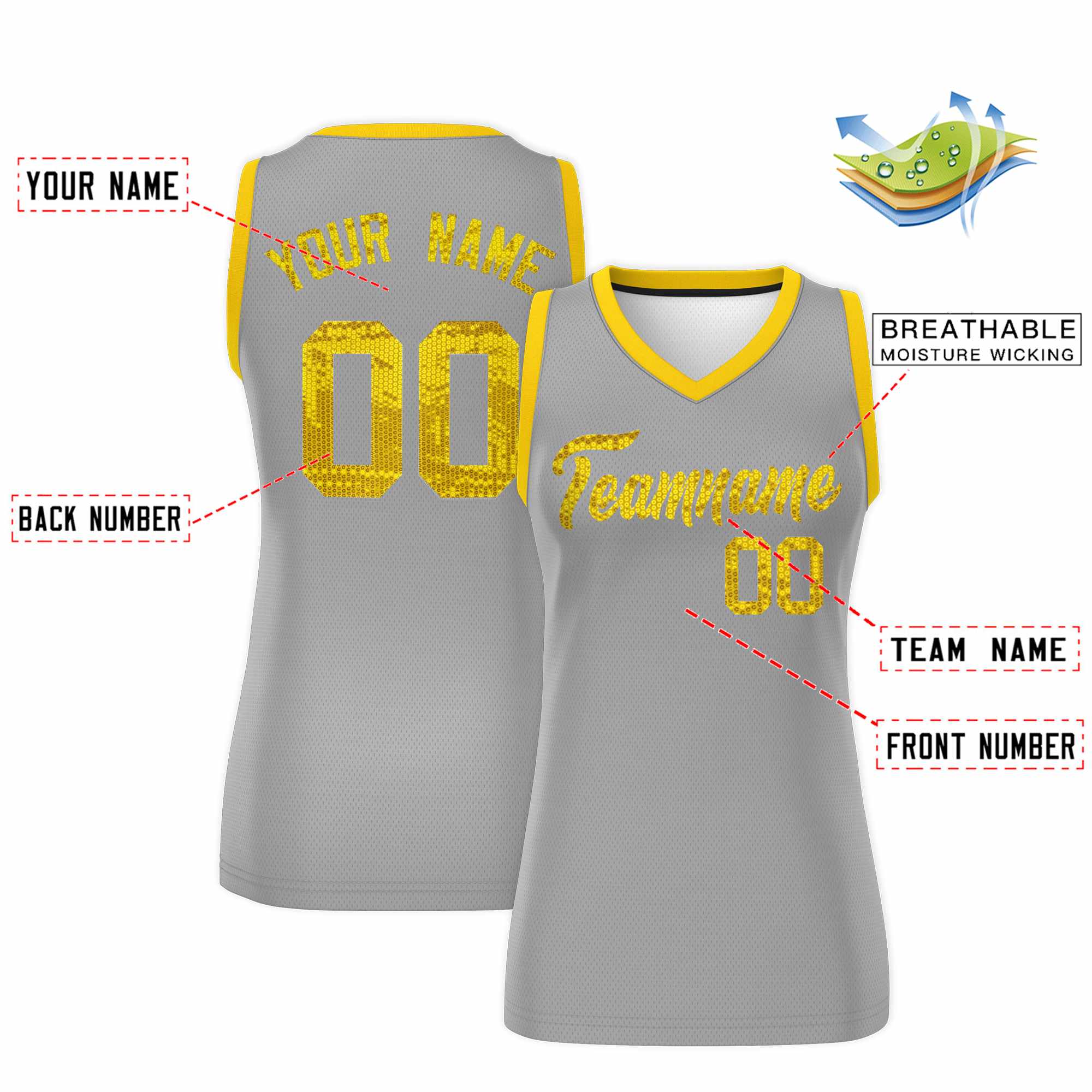 Custom Silver Gold Women Basketball Jersey Sequined Dress