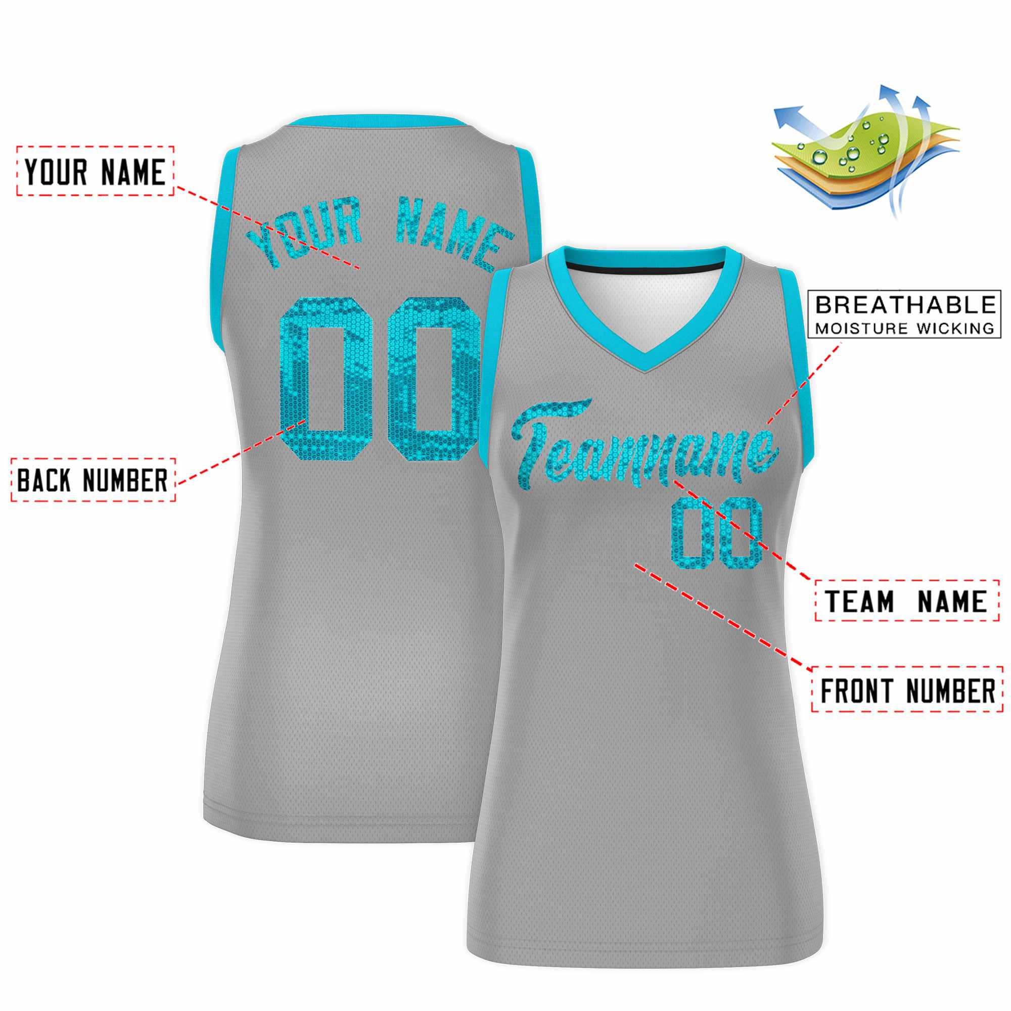 Custom Silver Sky Blue Women Basketball Jersey Sequined Dress