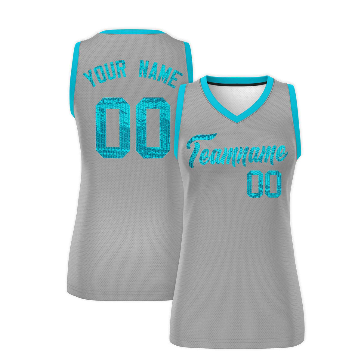 Custom Silver Sky Blue Women Basketball Jersey Sequined Dress