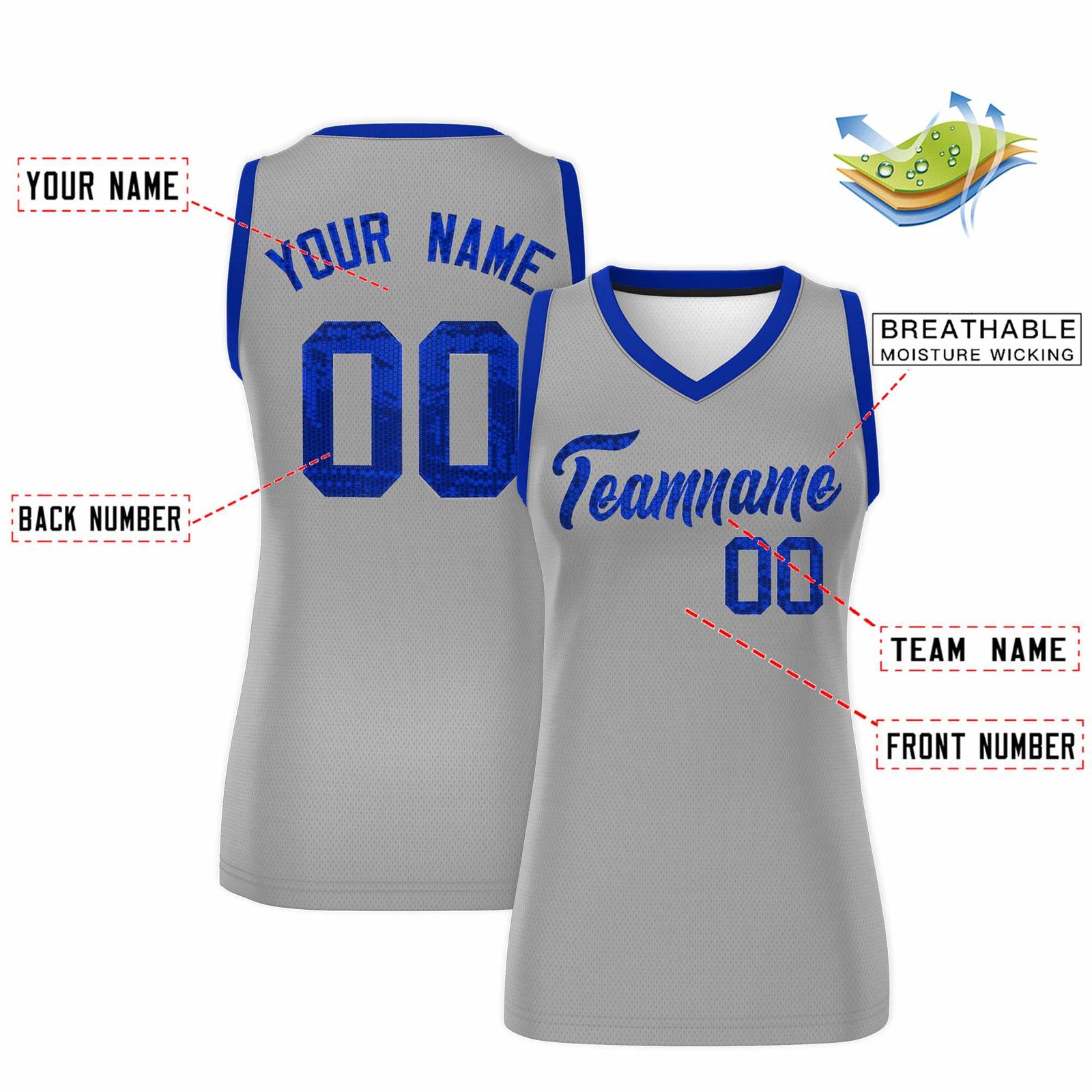 Custom Silver Royal Women Basketball Jersey Sequined Dress