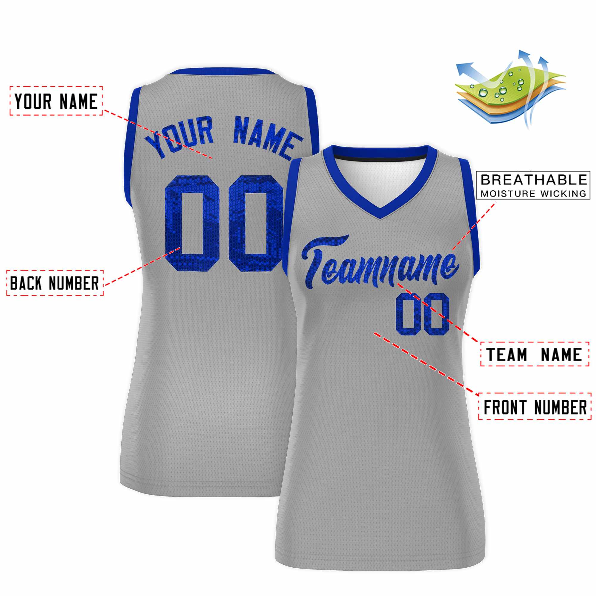 Custom Silver Royal Women Basketball Jersey Sequined Dress