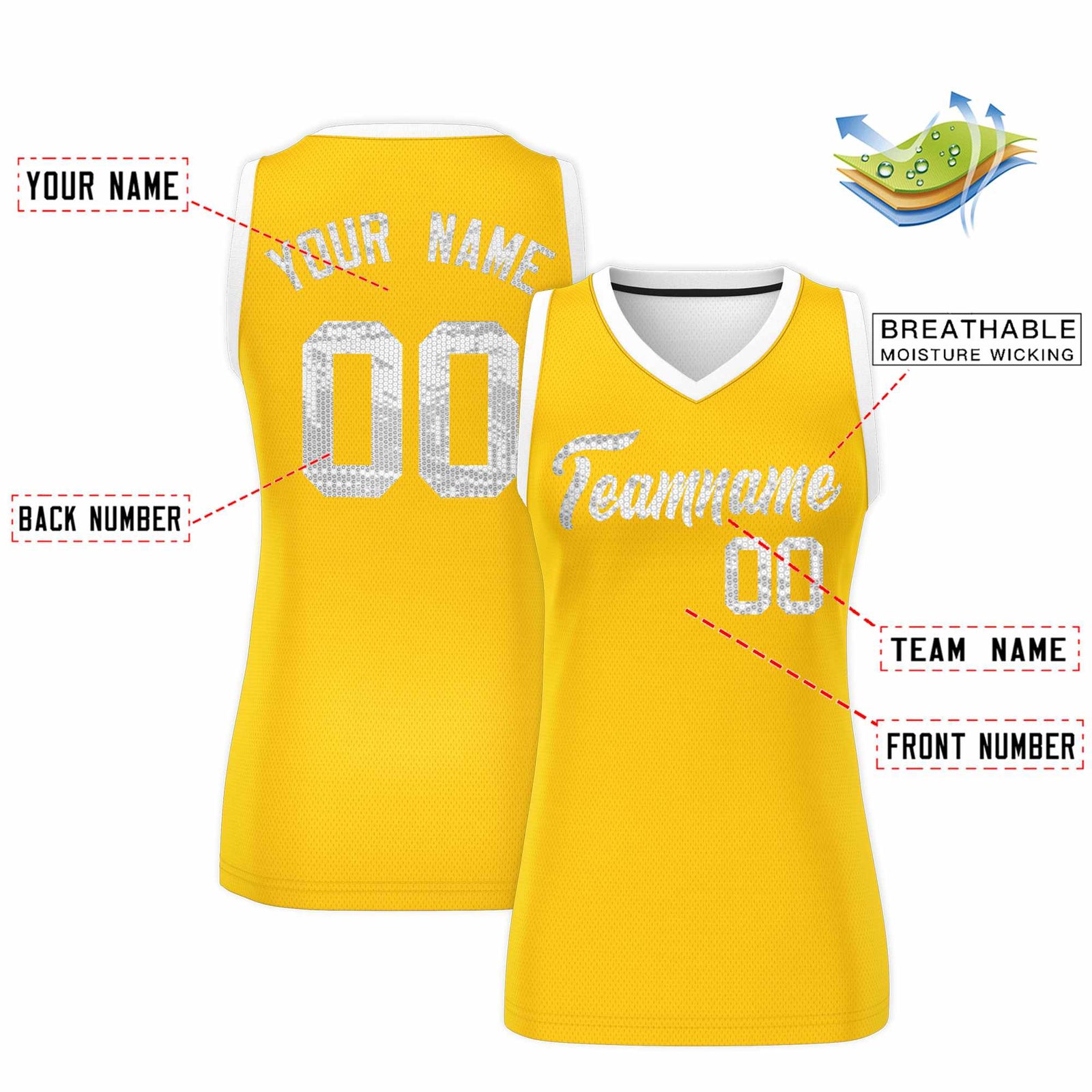 Custom Gold White Women Basketball Jersey Sequined Dress