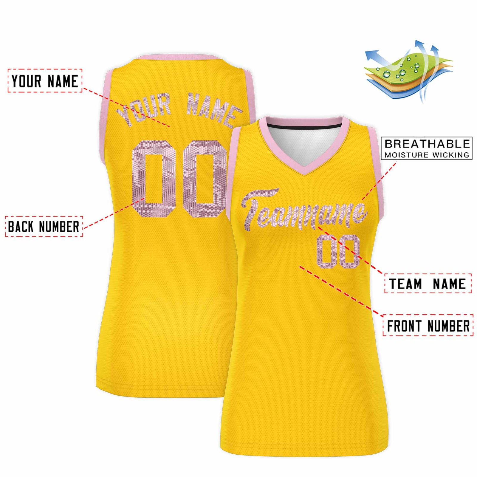 Custom Gold Light Pink Women Basketball Jersey Sequined Dress
