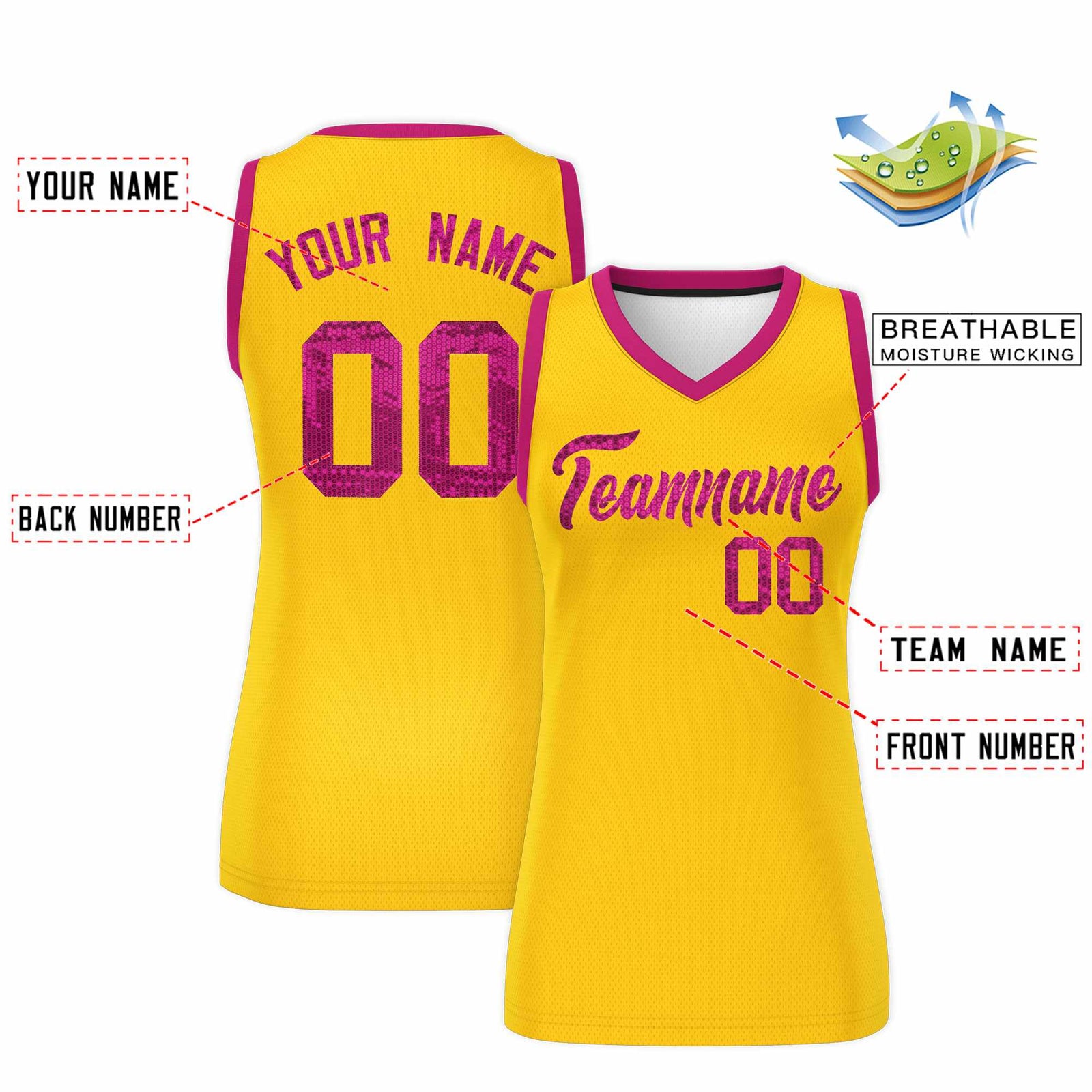 Custom Gold Pink Women Basketball Jersey Sequined Dress