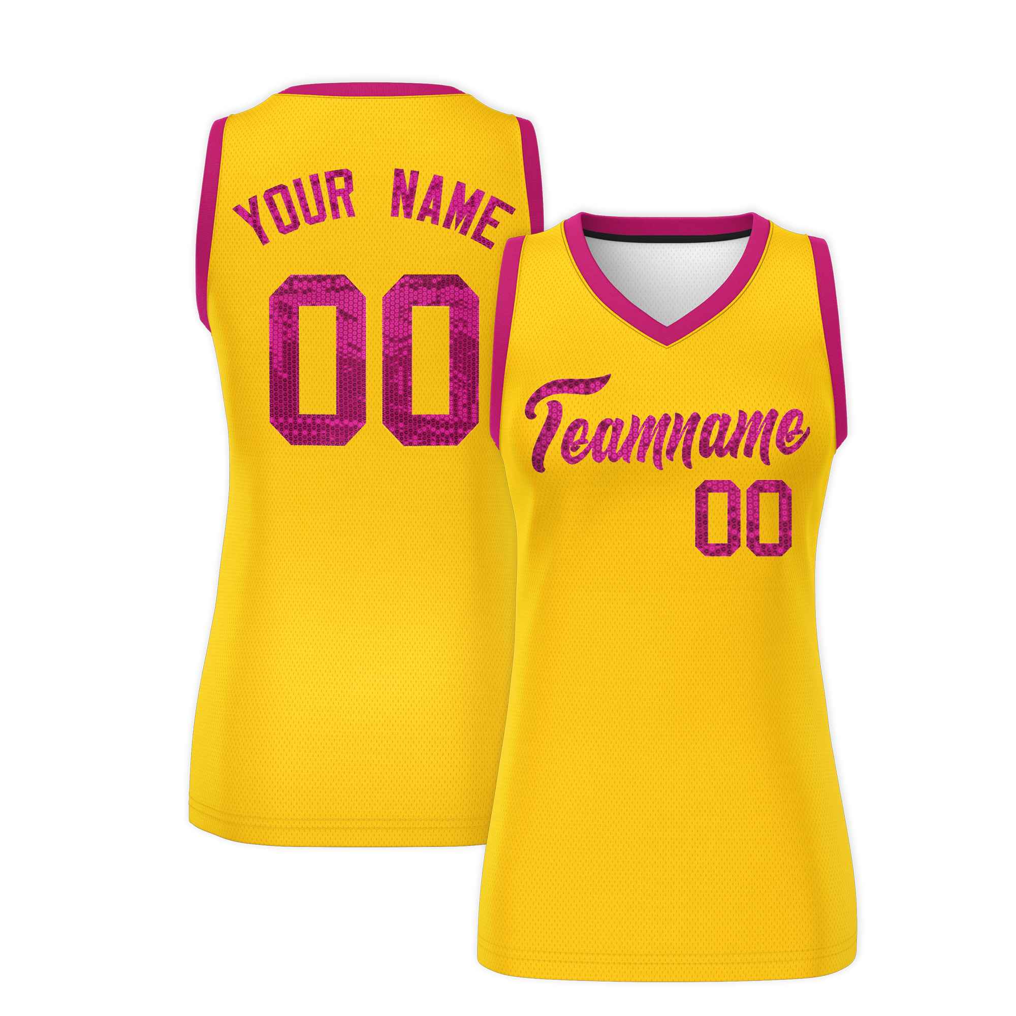 Custom Gold Pink Women Basketball Jersey Sequined Dress