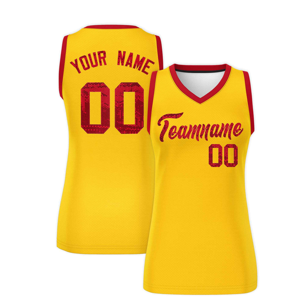 Custom Gold Red Women Basketball Jersey Sequined Dress