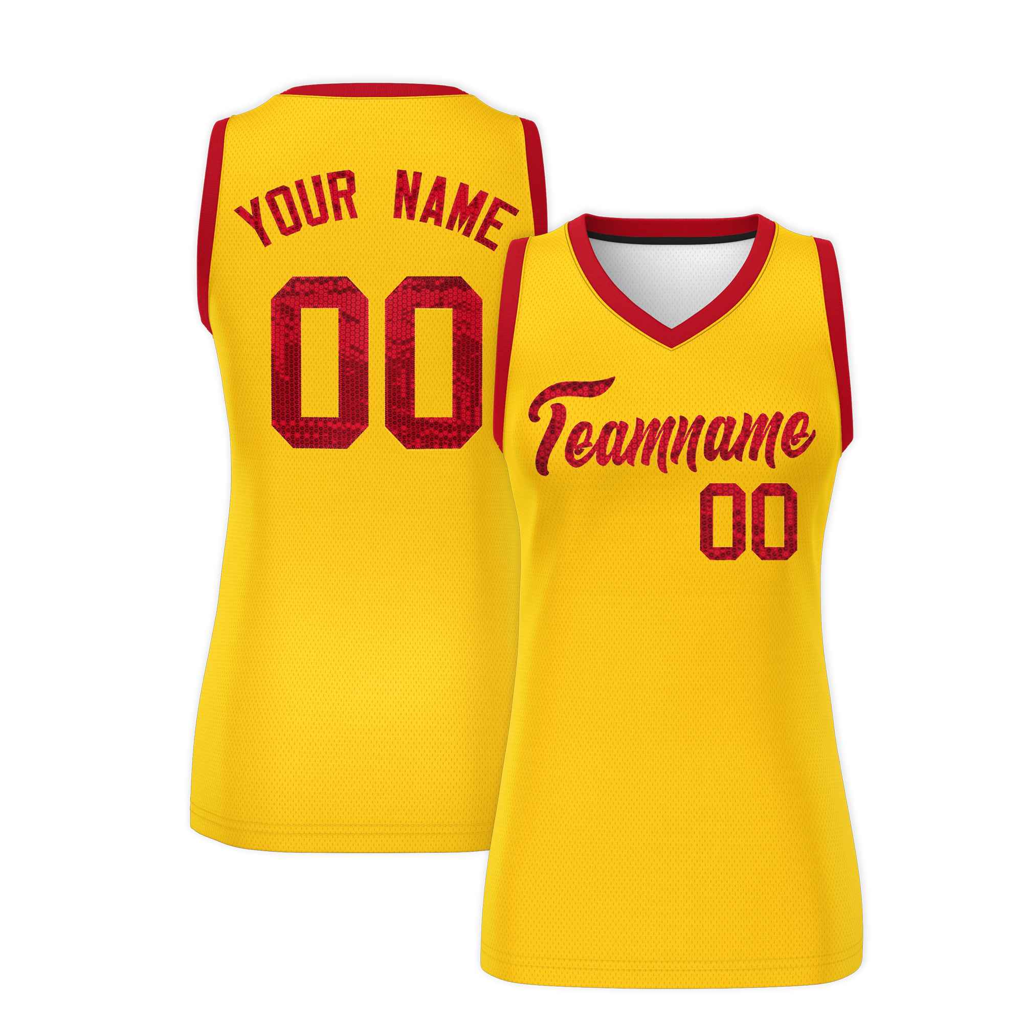 Custom Gold Red Women Basketball Jersey Sequined Dress